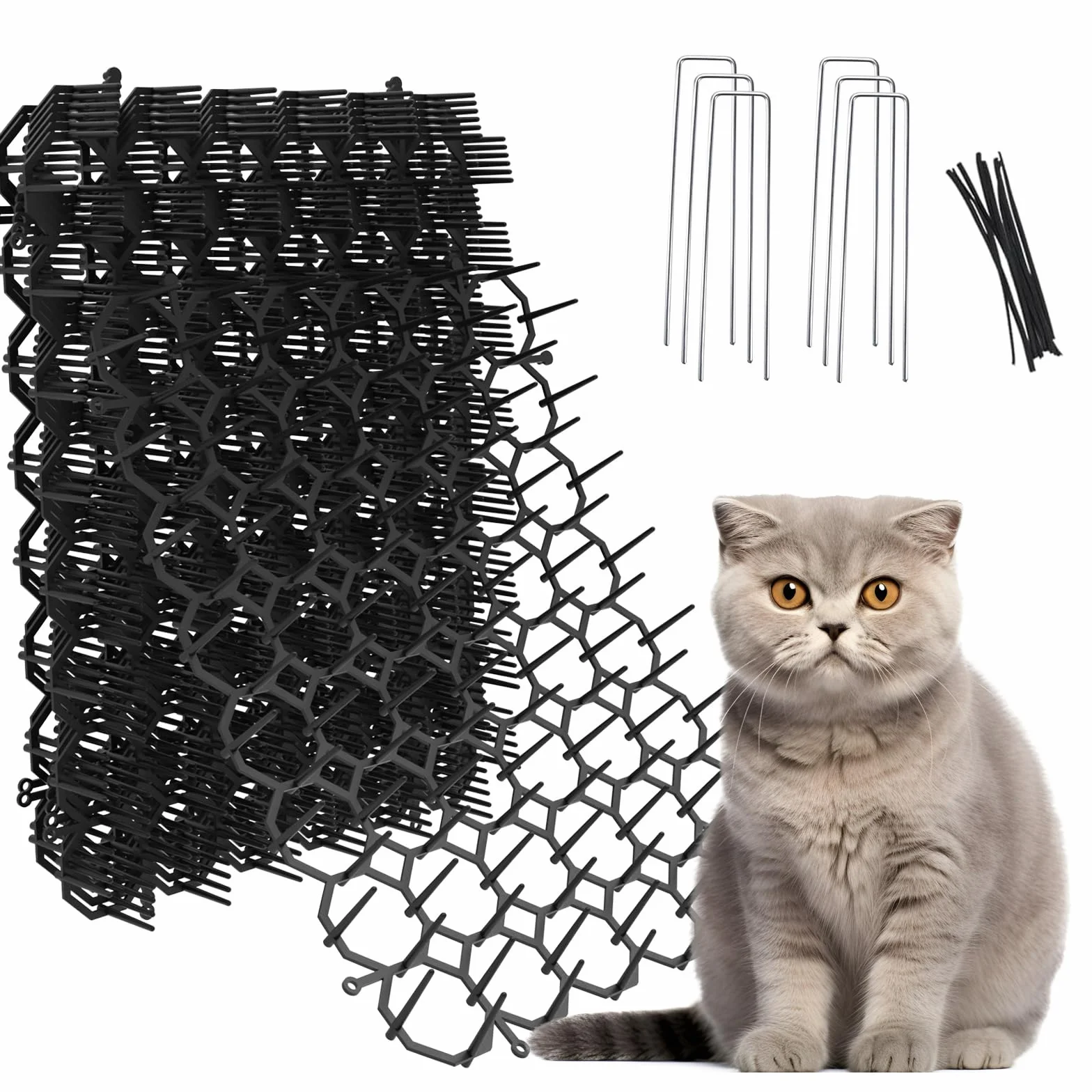 Tapete para Gatos de 8.5 x 6.5 Pulgadas con 12 Grapas de jardín y 12 Lazos, Paquete de 24 Alfombrillas disuasorias para Gatos para Valla de jardín y Barrera de Animales
