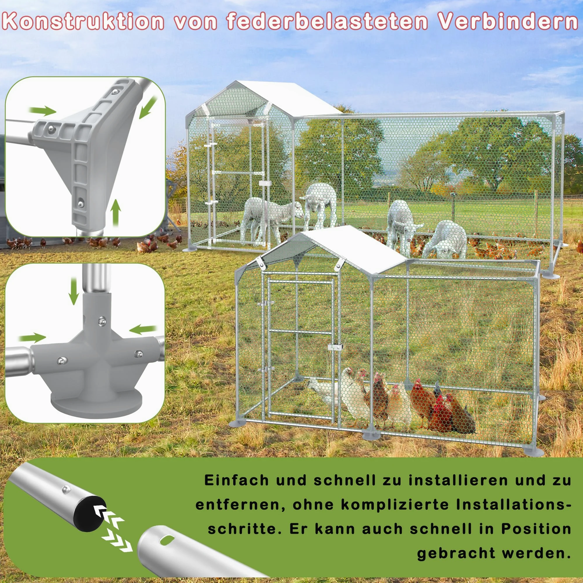 LILIIN Gallinero de 2 x 1 x 1,4 m, Acero Galvanizado, Jaula para Gallinas, Patos, Conejos y Gansos, Cercado al Aire Libre con Cerradura, Aviario para Aves de Corral y Animales Pequeños, Color Verde