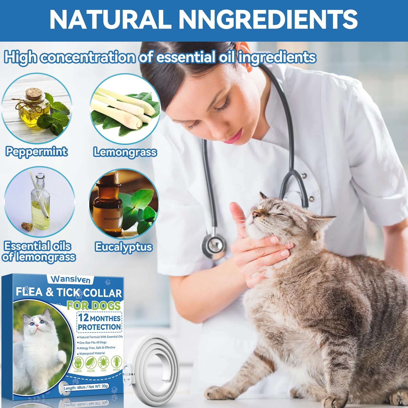 Wansiven Collar antipulgas para Gatos, 12 Meses de protección contra pulgas, 48 ​​cm, Ajustable, Impermeable, antipulgas y garrapatas, Ideal para Gatitos, Gatos medianos y Grandes