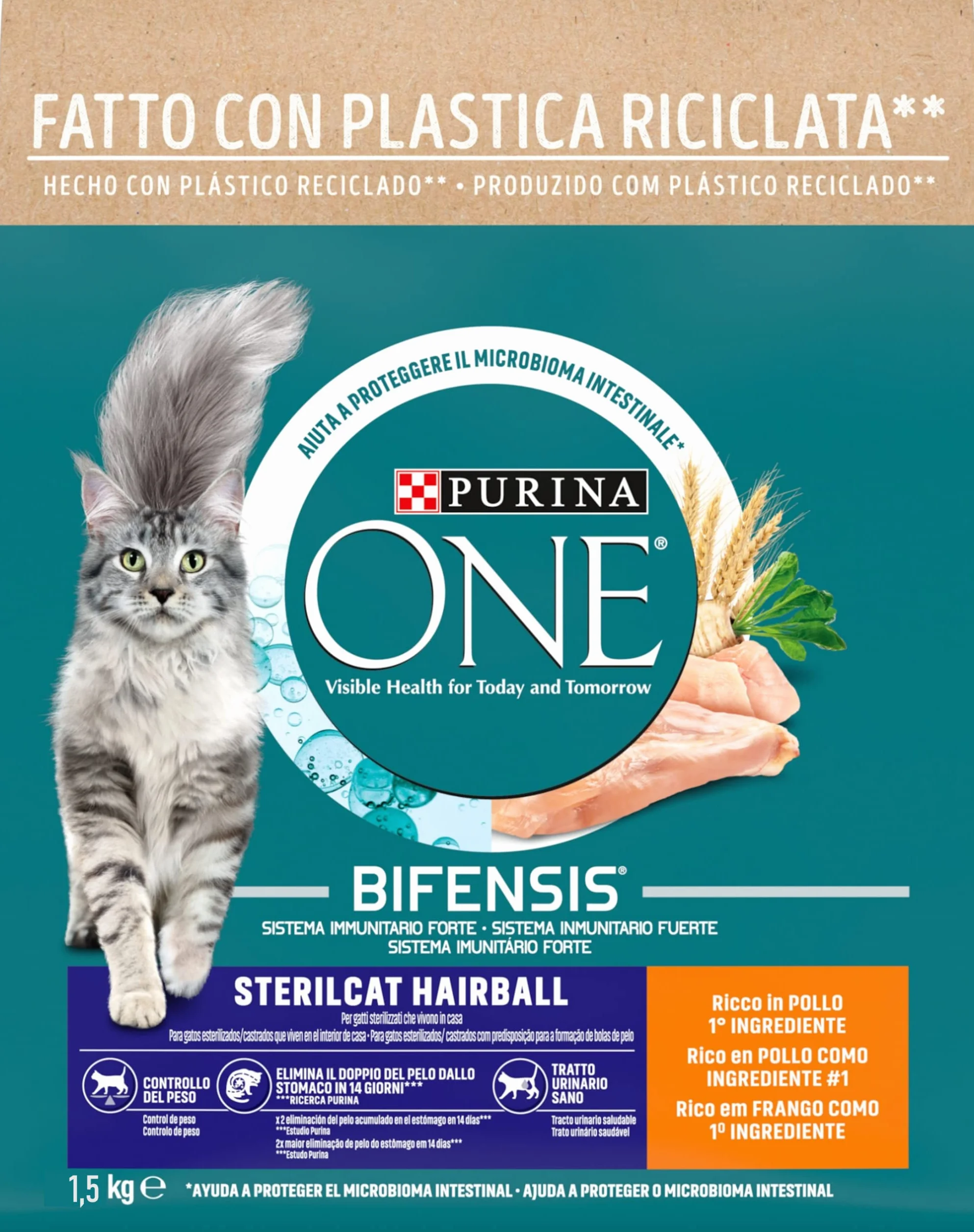 PURINA ONE Bifensis Comida Pienso para gato Esterilizado Pelaje y Bolas de Pelo con Pollo, 6 bolsas de 1,5kg