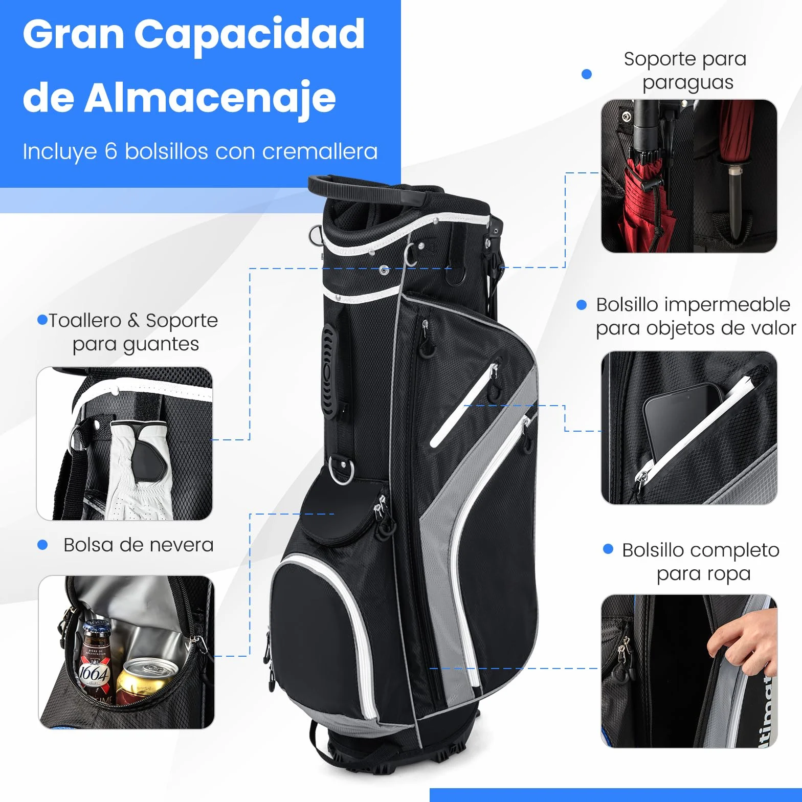 COSTWAY Bolsa Golf 14 Divisores, 6 Bolsillos, Correa Doble, Capucha Lluvia, 2,3 Kg