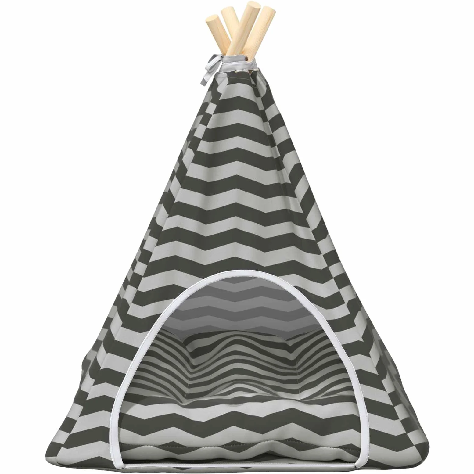 Tipi para mascotas con cojín blanco y gris, 50 x 50 x 60 cm, cueva para gatos, cesta para gatos, cojín para gatos, cama acogedora con estaca de madera de pino para gatos y perros pequeños