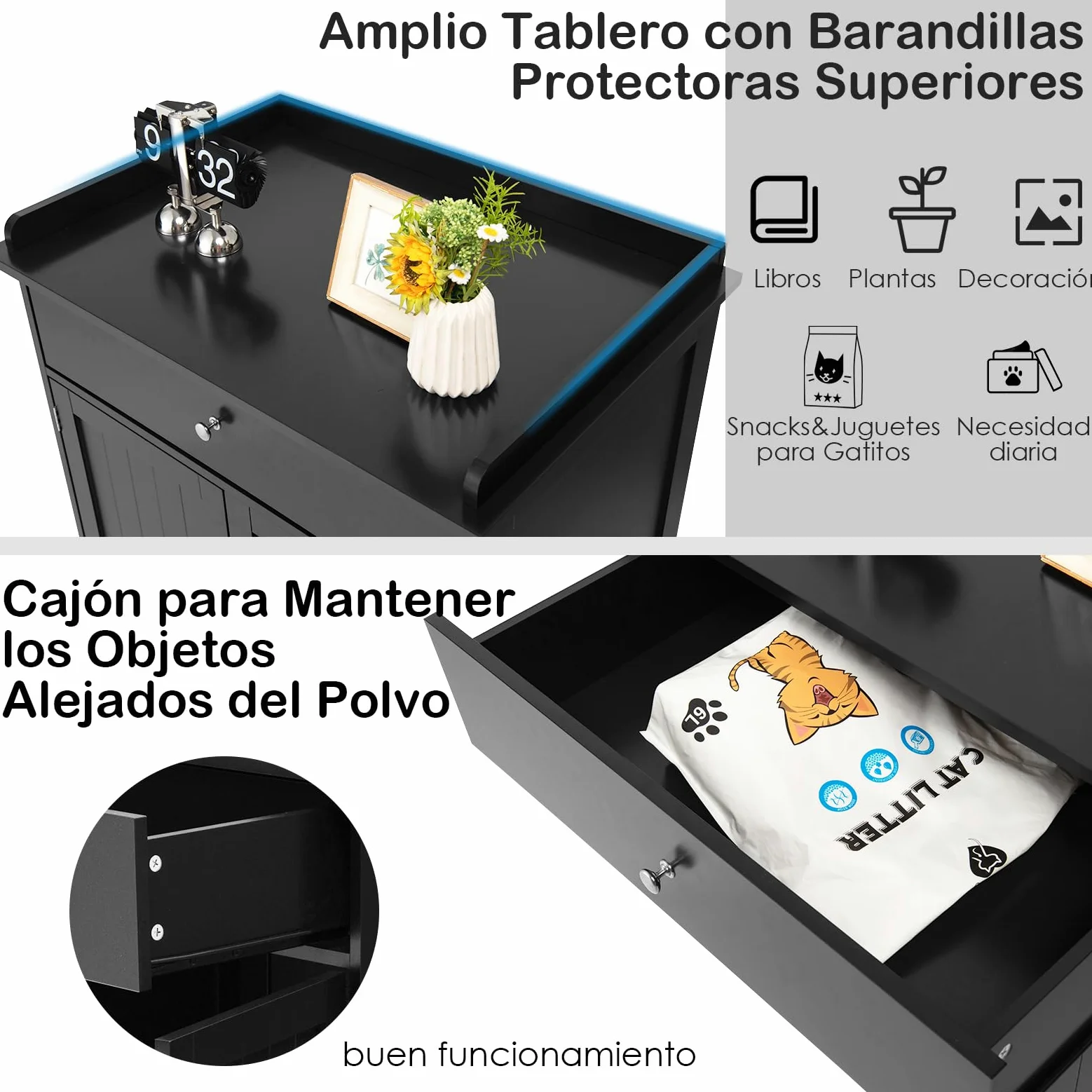 GOPLUS 3 en 1 Mueble Arenero para Gatos, Caja de Arena para Gatos con Cajones, Aseo Cerrado para Gato con Puertas Dobles y Agujeros, Casa de Mascotas Interior, Mesa Auxiliar con Lavabo Oculto (Negro)