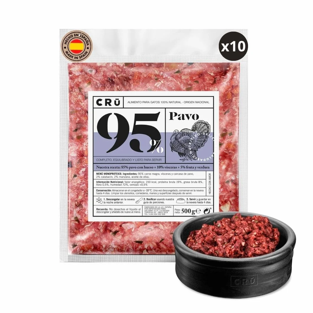 CRU - Comida para Gatos Cruda y Natural de Pavo - Dieta Barf para Gatos Junior y Adultos - Comida Congelada para 1 Mes - 10 Paquetes de 500g. (10 Paquetes, Pavo)
