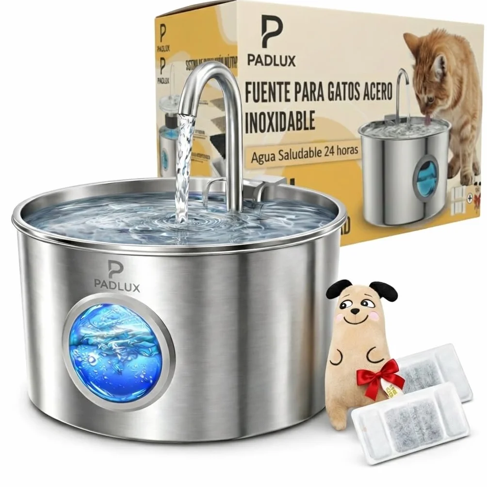 Fuente para Gatos de Acero Inoxidable 3,2L Automático – Bebedero Silencioso de Bajo Consumo con 2 Filtros y 3 Esponjas | Dispensador para Mascotas | Fuente de Agua para Gatos Premium