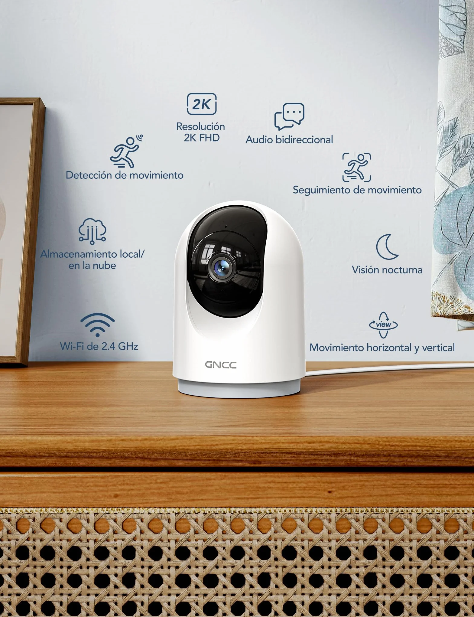 GNCC Camara Vigilancia WiFi Interior 355° PTZ 2K Cámara Vigilancia Interior con Seguimiento, para Adecuado para Bebés/Mascotas/Familia, Detección de IA, Audio Bidireccional, Visión Nocturna, 2,4GHz