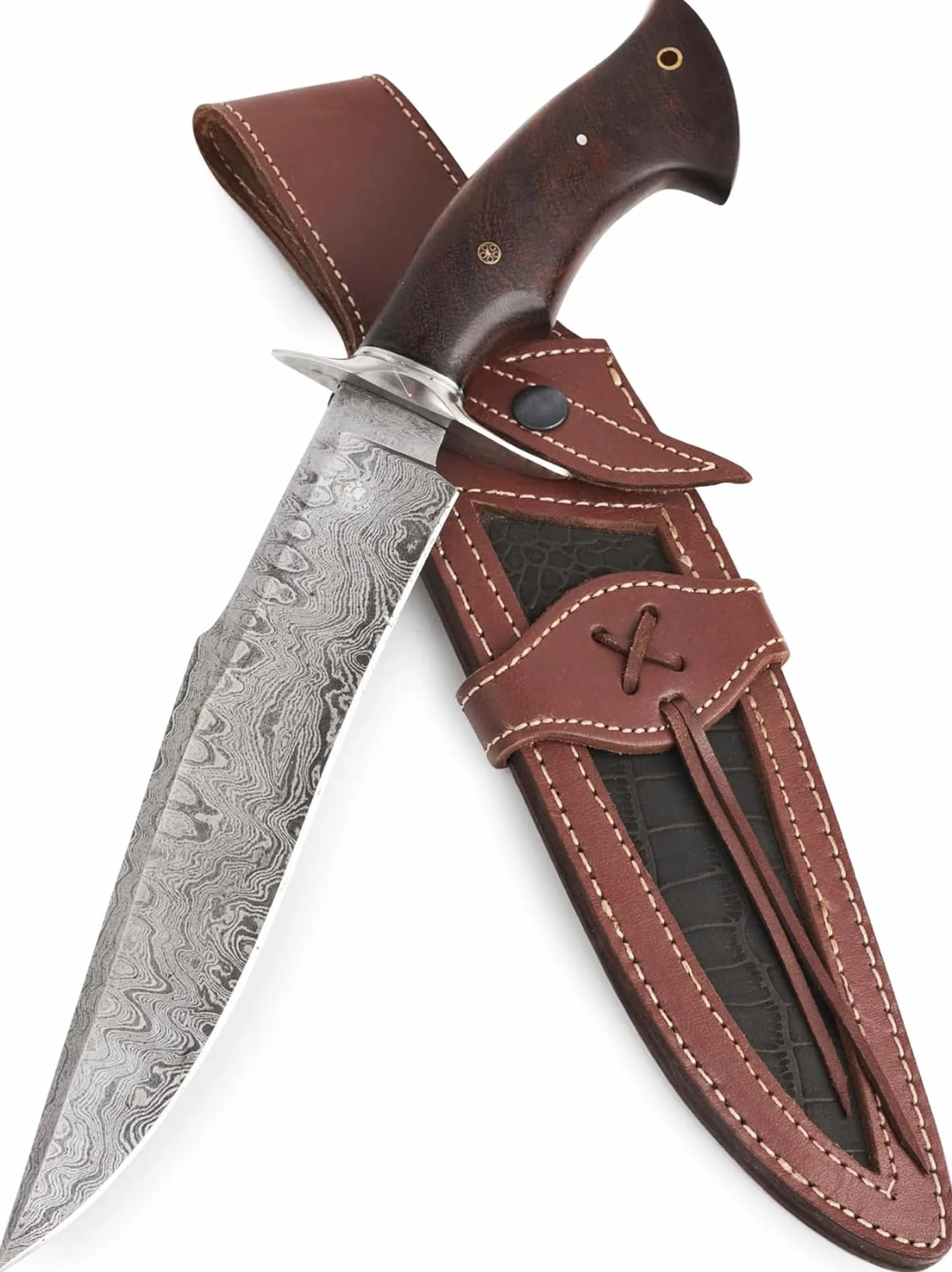 BIGCAT ROAR Cuchillo de caza de Damasco hecho a mano - 38 cm Hoja fija con funda y mango de nogal