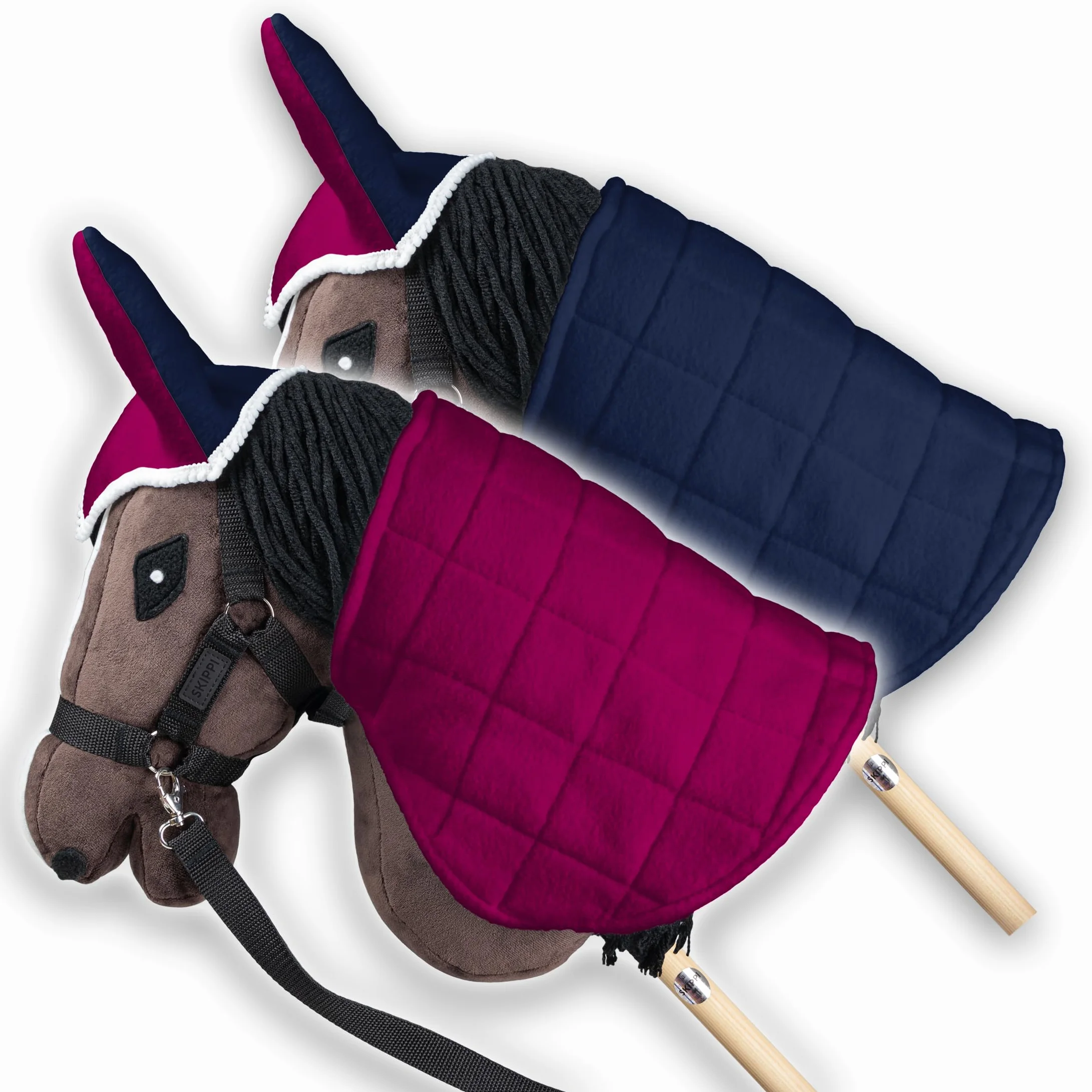 SKIPPI Manta y Orejeras para Caballo Hobby Horse – Fucsia y Azul Marino, Hobby Horse Accesorios, Manta Reversible y Orejeras Antimoscas para Caballo de Palo, Hobby Horsing