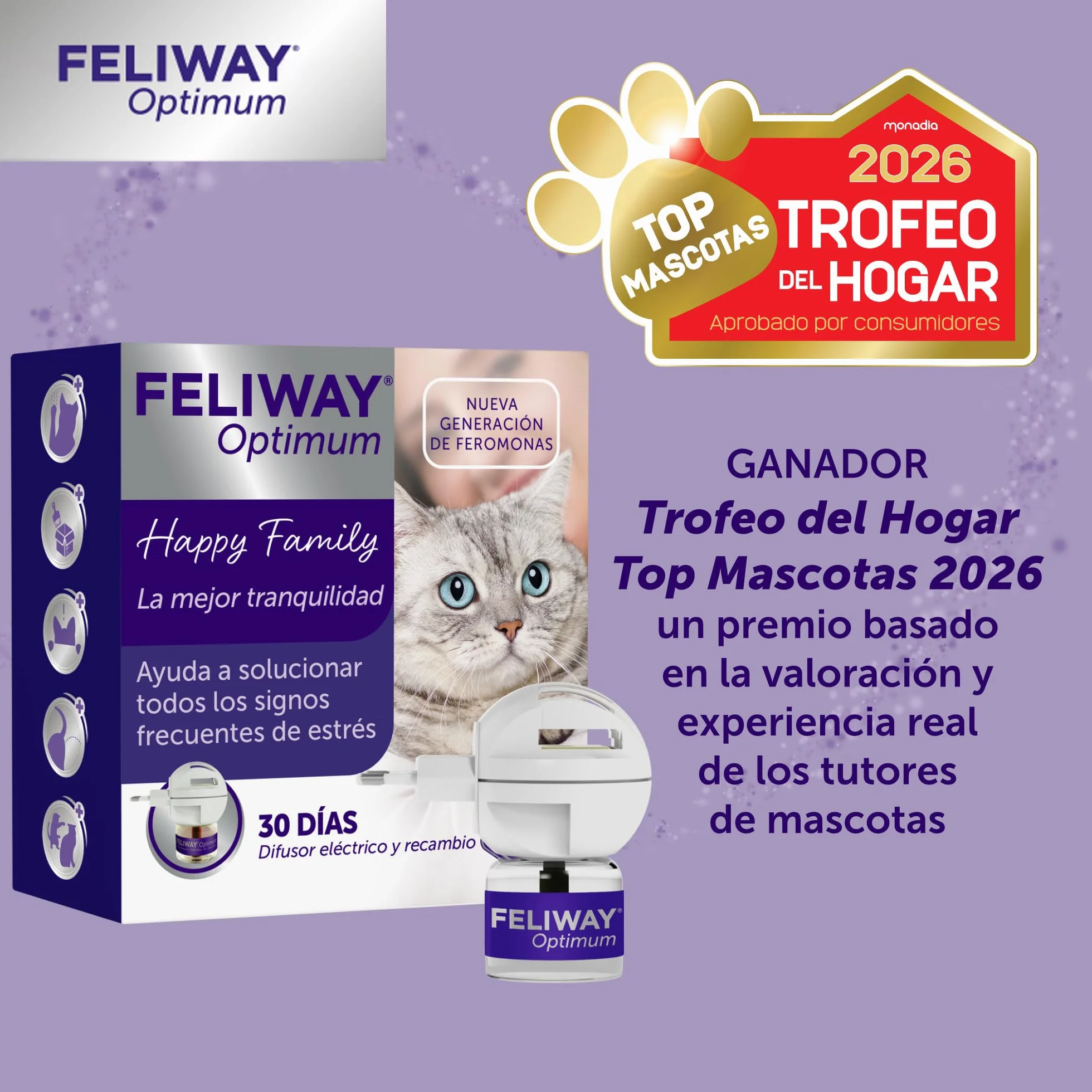 FELIWAY Optimum - Difusor + Recambio de feromonas calmantes para gatos (30 días, 48 mililitro) - Ayuda a reducir los signos más comunes de estrés. Recomendado por veterinarios. La mejor tranquilidad