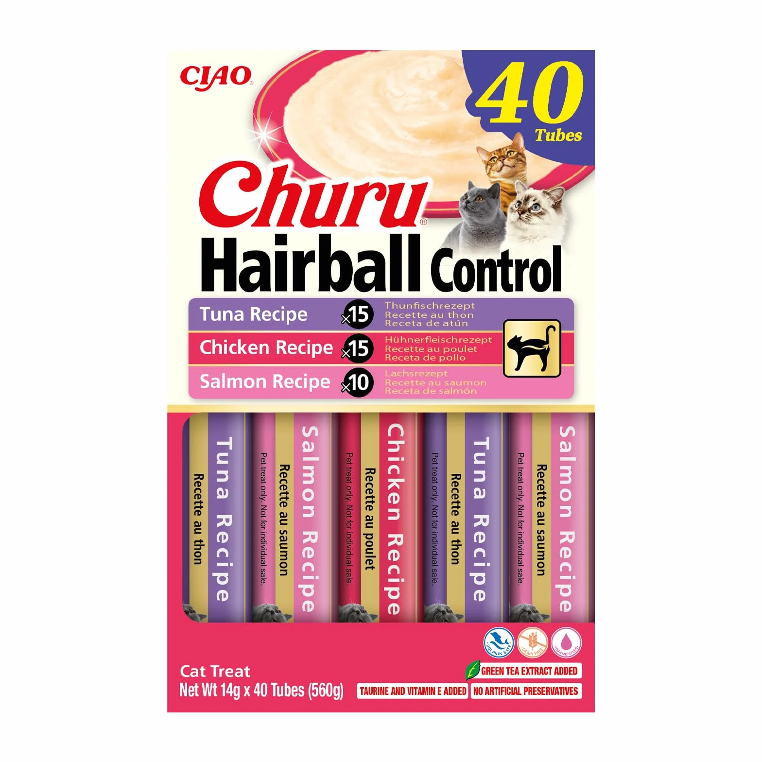 INABA Churu Hairball Control, Snack Cremoso para Gatos contra Las Bolas de Pelo, con Atún, Pollo y Salmón, Puré Suave con Fibra Añadida, Rico en Omega 3 y 6, Alto Contenido en Humedad, 40 Tubos x 14g