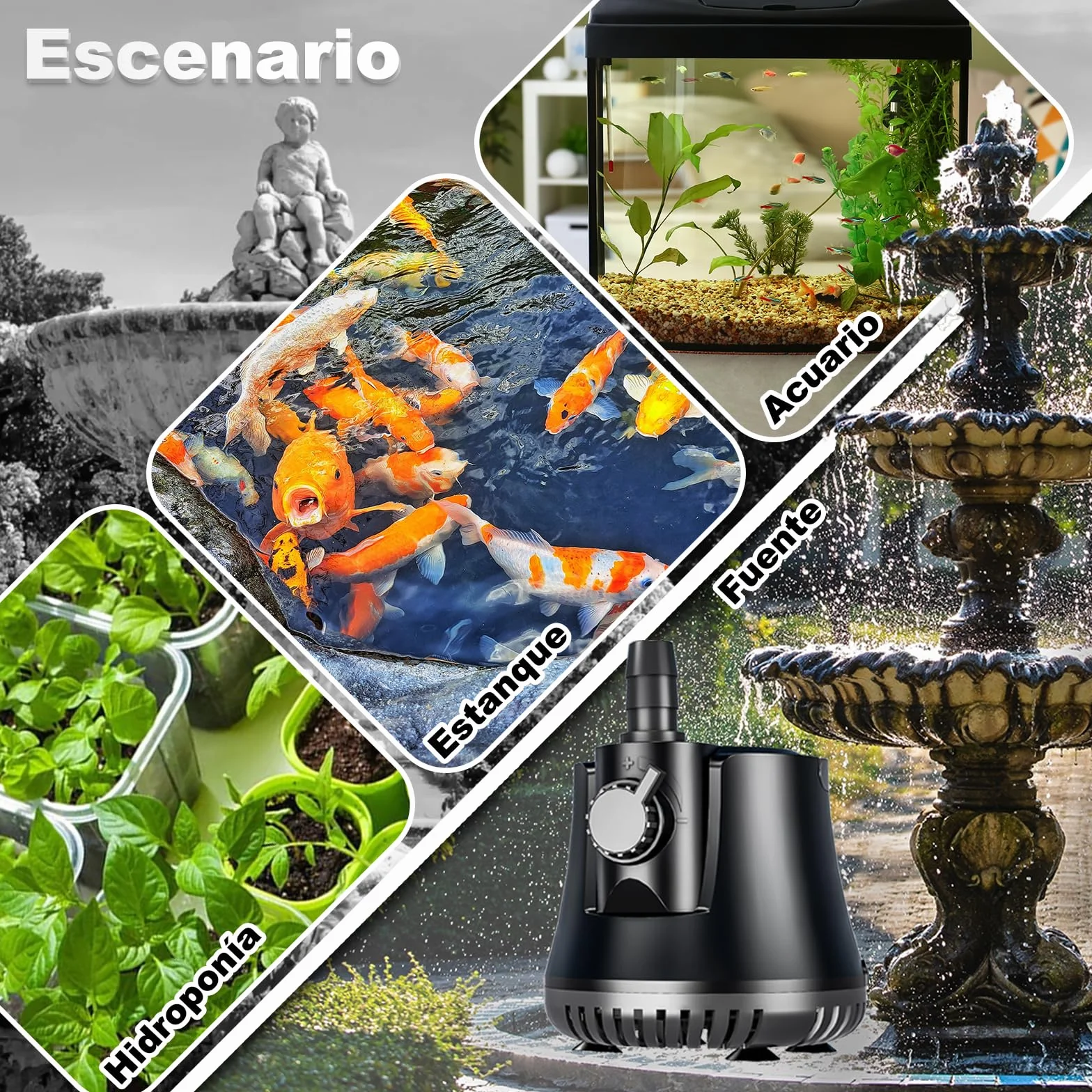 Bomba de Agua Sumergible 15W 800L/H Bomba de Acuario con Interruptor Ajustable + Cable de 1.5 Metros + 2 Boquillas, Motor Fuente de Agua Ultra Silencioso Para Acuarios, Jardines, Fuentes, Estanques