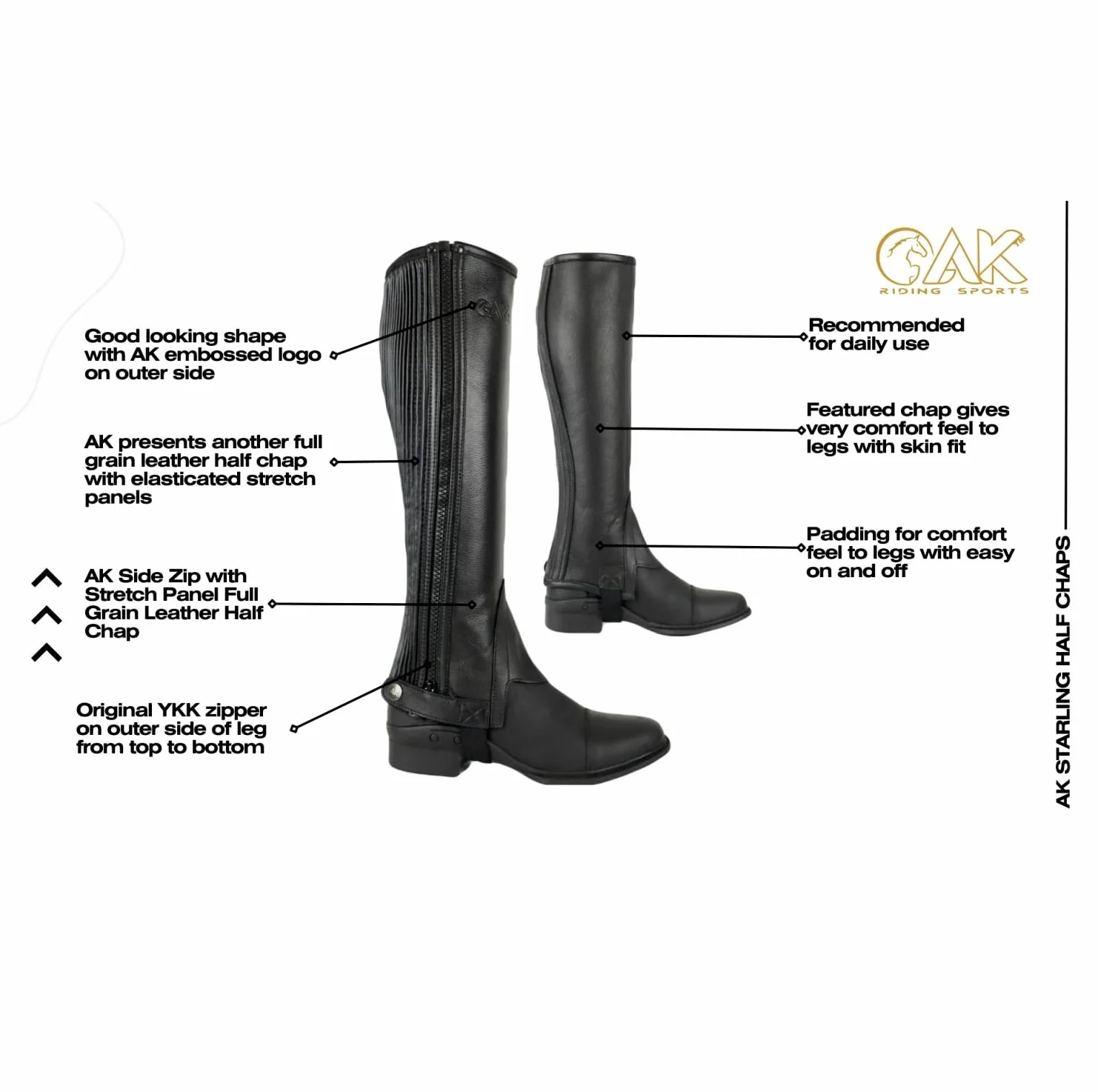 AK Mini Caballo de cuero completo flor con cremallera lateral y panel extensible Horse Riding Half Chaps AKRS-1022