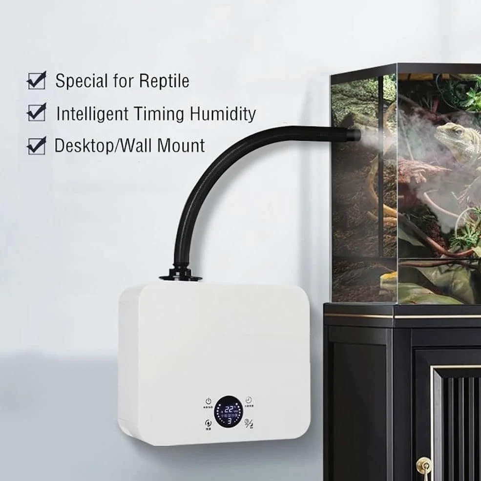 Humidificadores para reptiles, nebulizador para reptiles con modo de sincronización, montaje en pared intermitente y niebla de escritorio, tanque de agua de llenado superior de 2,5 l, para reptiles an