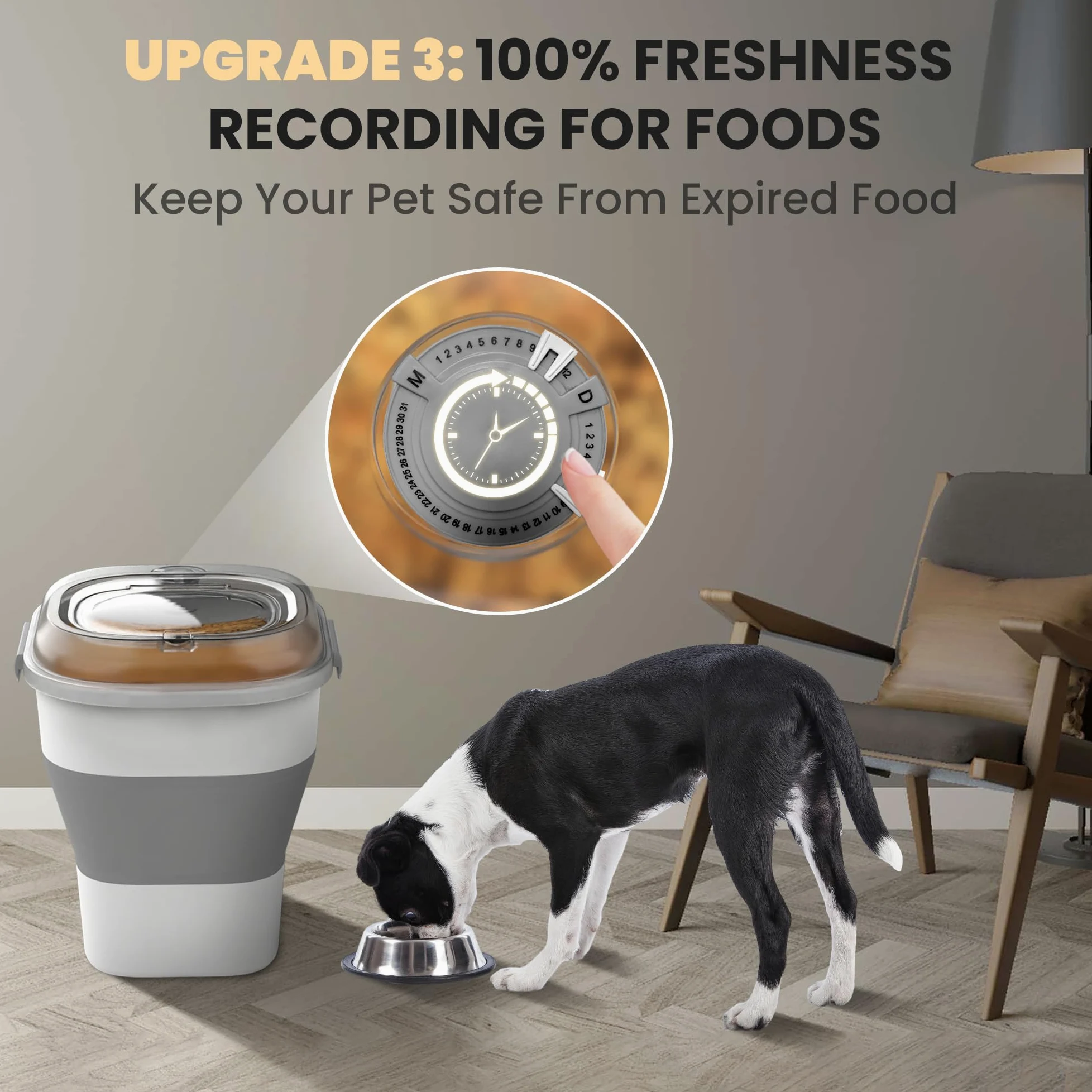Contenedor de almacenamiento de alimentos para perros de 32 a 35 libras, contenedor plegable de comida para perros con tapa hermética transparente, ruedas, pista de fecha, contenedor de