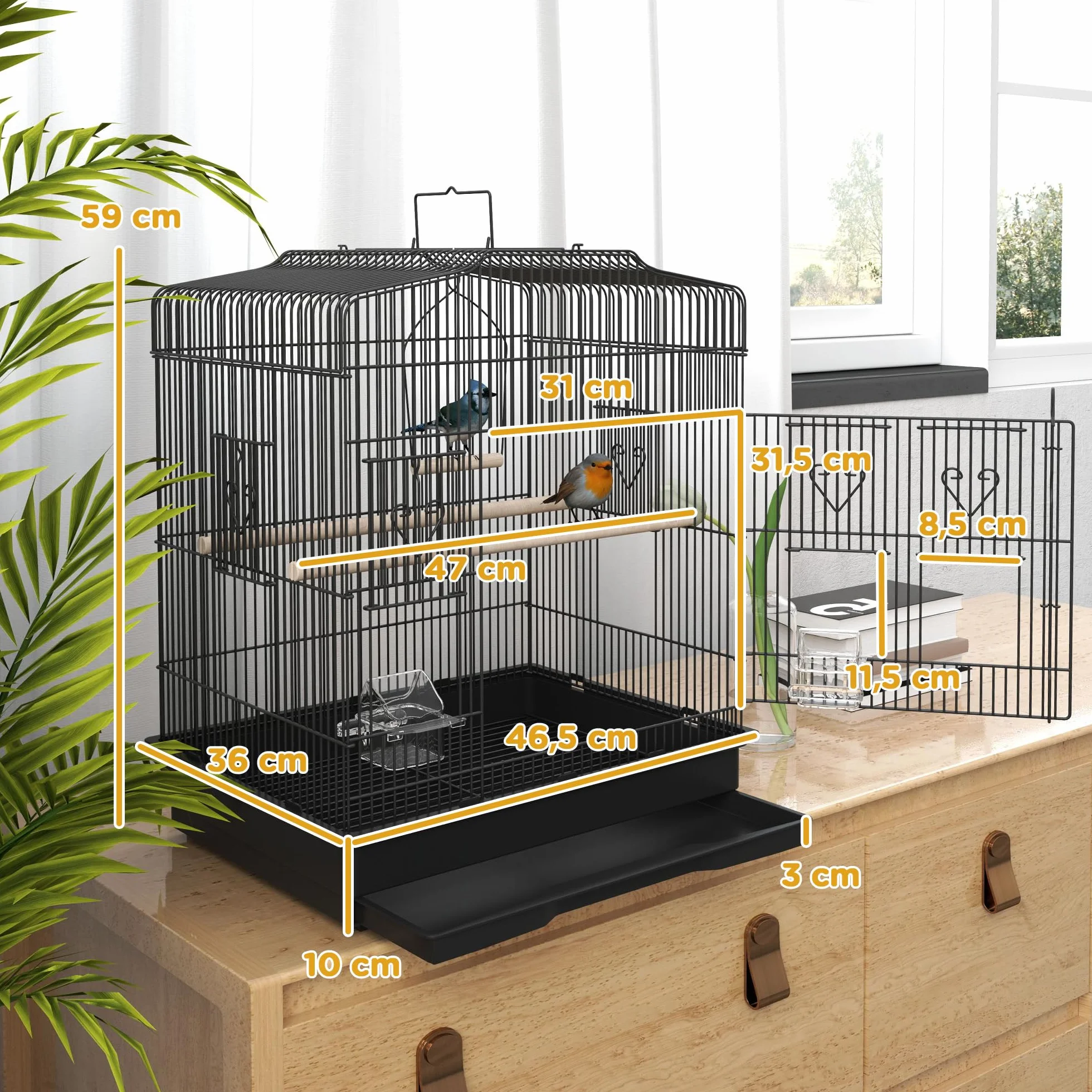 PawHut Jaula para Pájaros, Jaula de Acero para Pájaros con Puertas, 2 Comederos, 2 Perchas, Columpio, Bandeja Extraíble y Asa de Transporte, para Loro, Canario, Periquito, 46,5x36x59 cm, Negro
