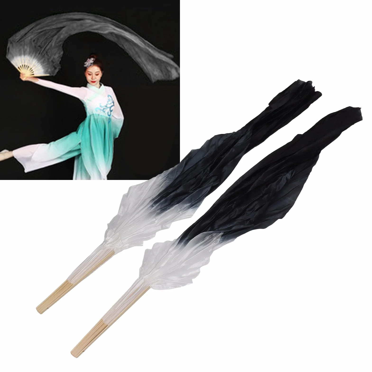 Abanicos para Danza del Vientre de 1,5M, Seda Sintética, Gris y Negro