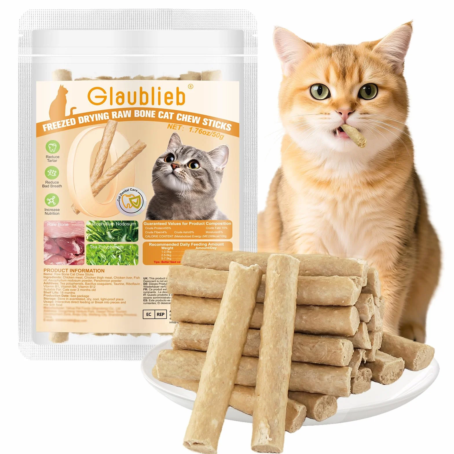 50g Palitos Masticar Liofilizadas para Gatos, Snacks Gatos Barritas Dentales contra el Mal Aliento y Acumulación de Sarro (50g)