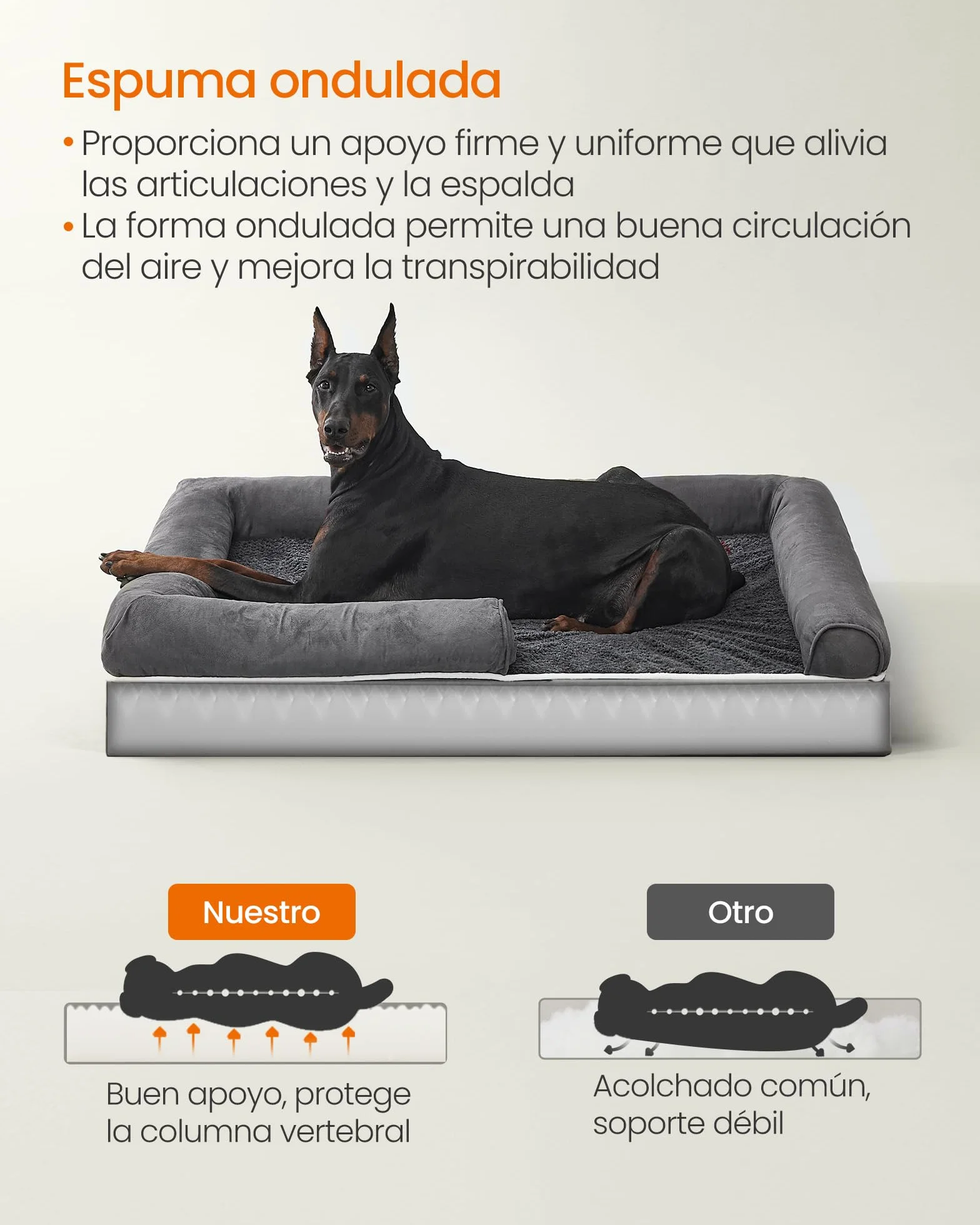 Feandrea Cama Ortopédica para Perros, Sofá, Cama para Mascotas, Acolchado Suave, Bordes Elevados, Funda Extraíble y Lavable, 122 x 85 x 20 cm, Antideslizante, Gris Osucro PGW078G01