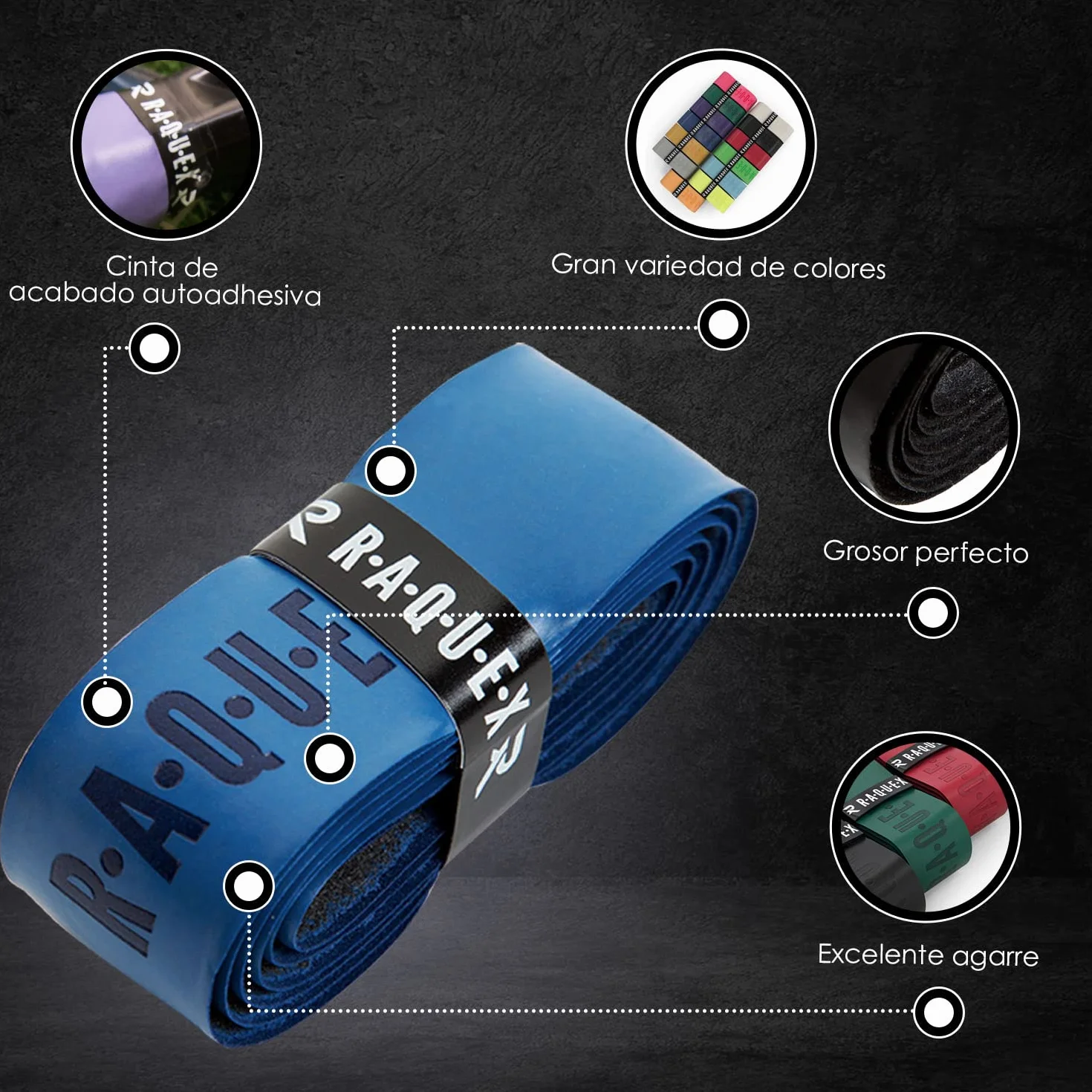 Raquex Grip Autoadhesiva para Raqueta: Pádel, Tenis, Bádminton, Squash - Pegajoso, Duradero, Absorbente, 14 Colores