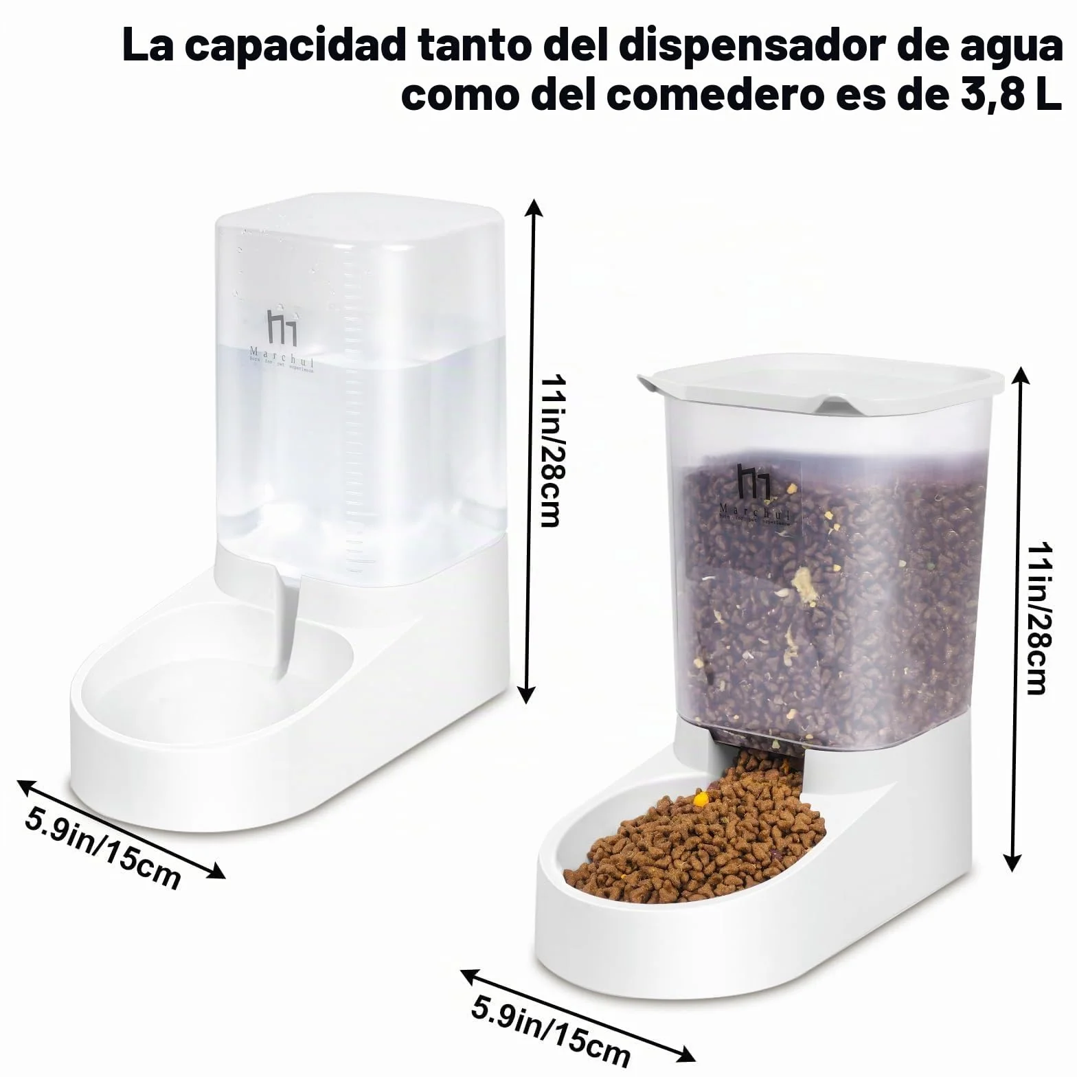 Marchul Dispensador para Gatos y Perros, Comida y Agua, Pack 2 Unidades, Comederos Automáticos, 3.8 L c/u, Comedero, Alimentador y Bebedero para Mascotas (Alfombrilla de Silicona)