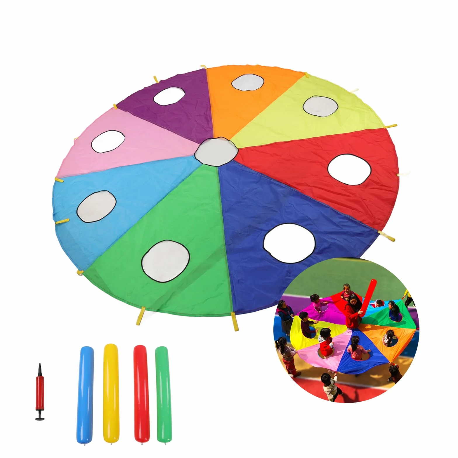 Cuifati Juego de Paracaídas con Paraguas, Inflable de 9 Agujeros, Accesorios al Aire Libre para Niños