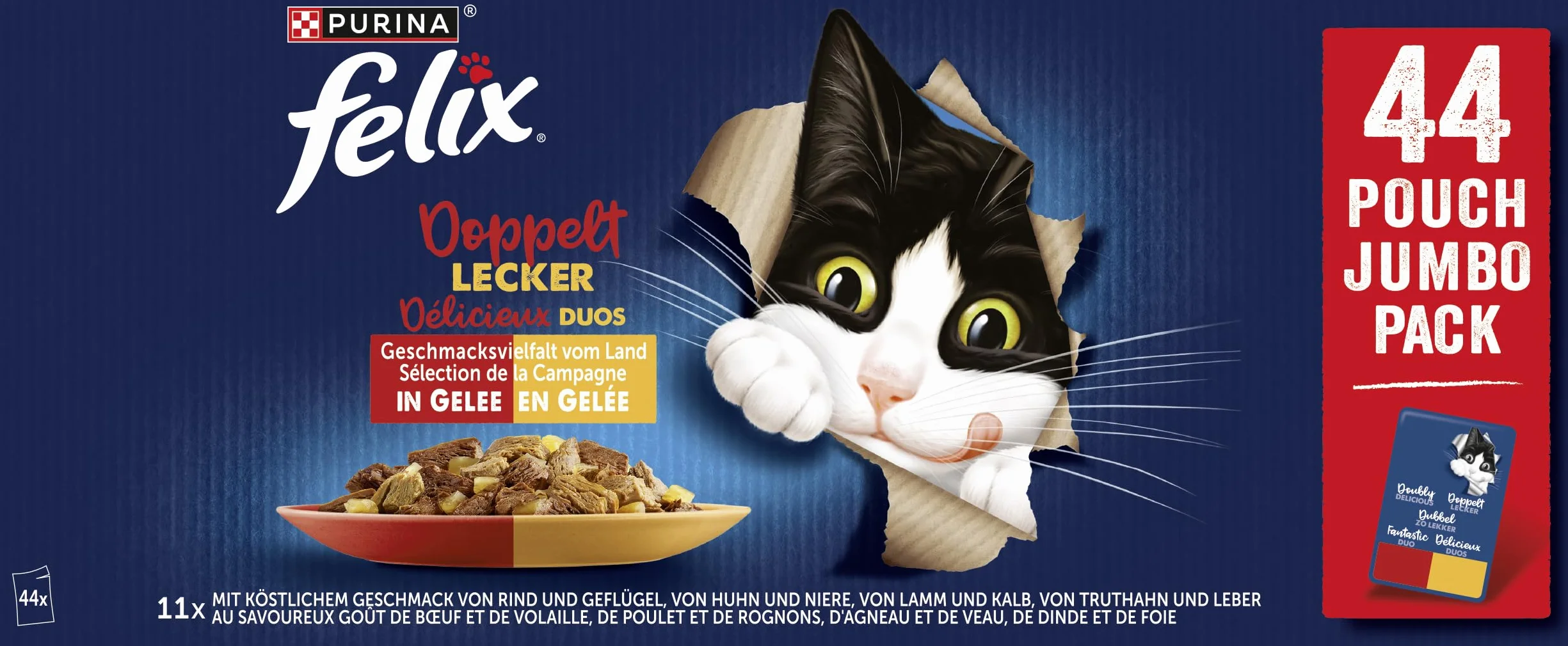 Felix Comida para Gatos húmeda en gelatina, Variedad de sabores del país, 44 Unidades (44 x 85 g)