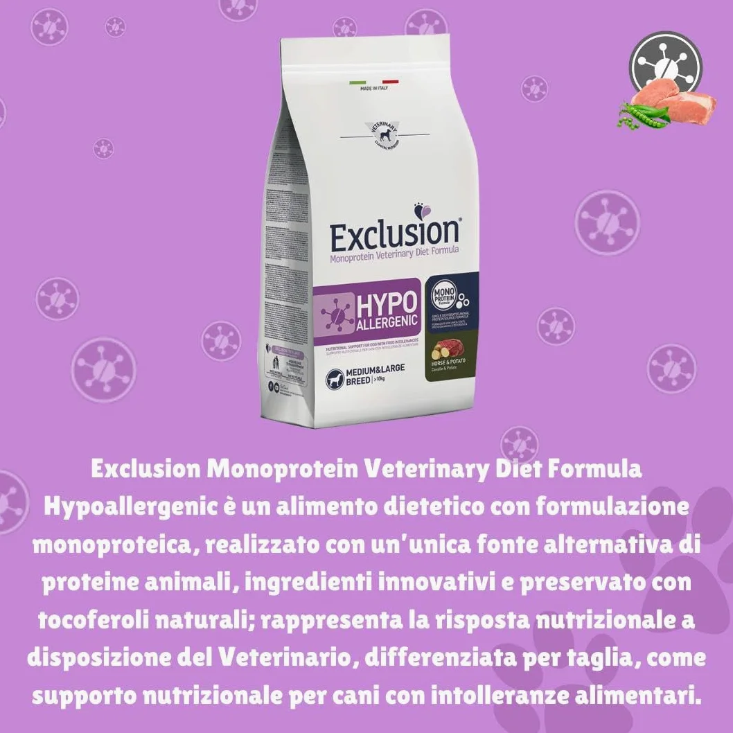 Exclusion Hypoallergenic Medium Adult Caballo y Patatas 2 kg, alimento completo hipoalergénico para perros adultos de talla media con intolerancias alimentarias.