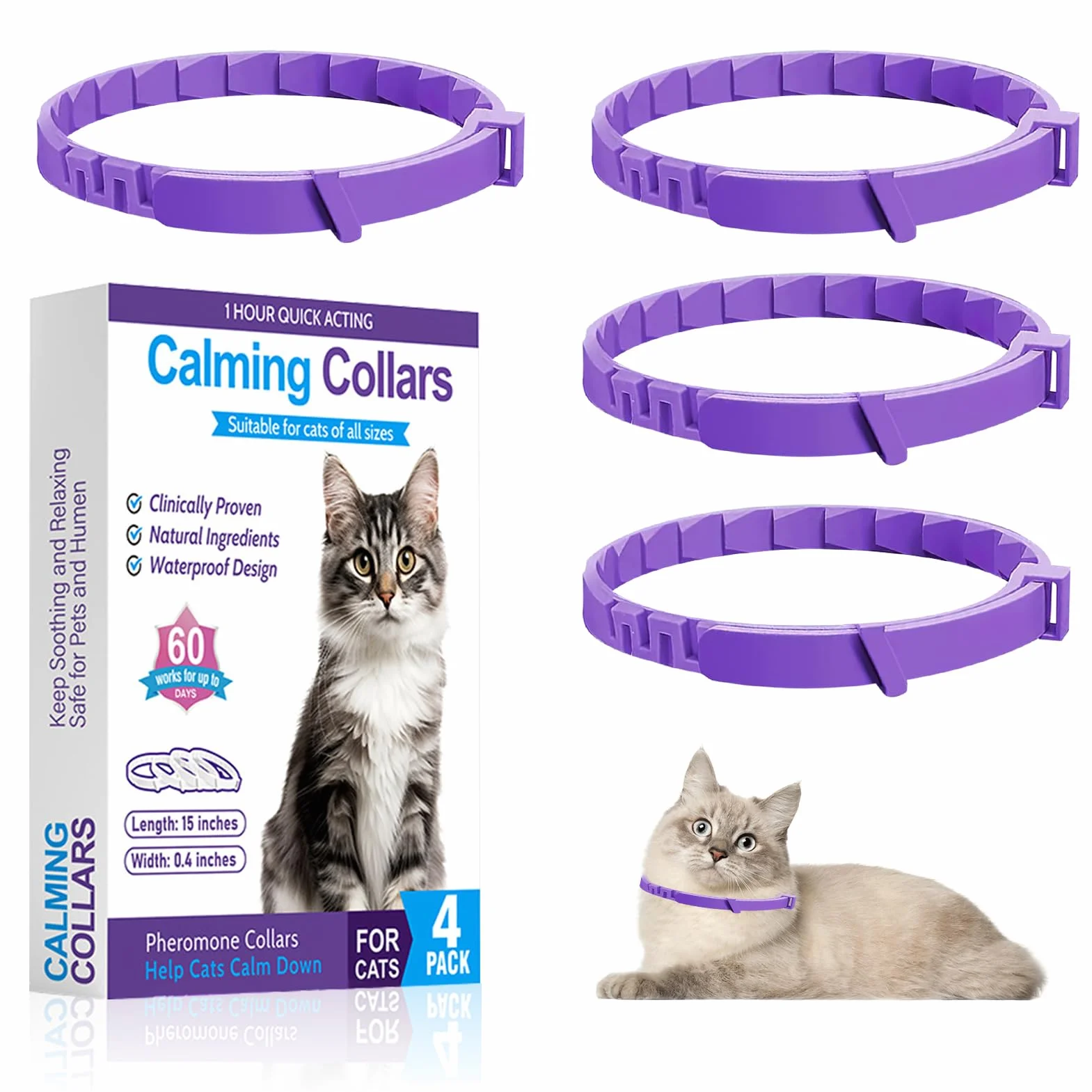 Collar calmante para gatos, 4 piezas, antiestrés con feromonas naturales – Lavanda y manzanilla, ajustable (hasta 38 cm), 30 días de efecto, para gatitos y gatos adultos