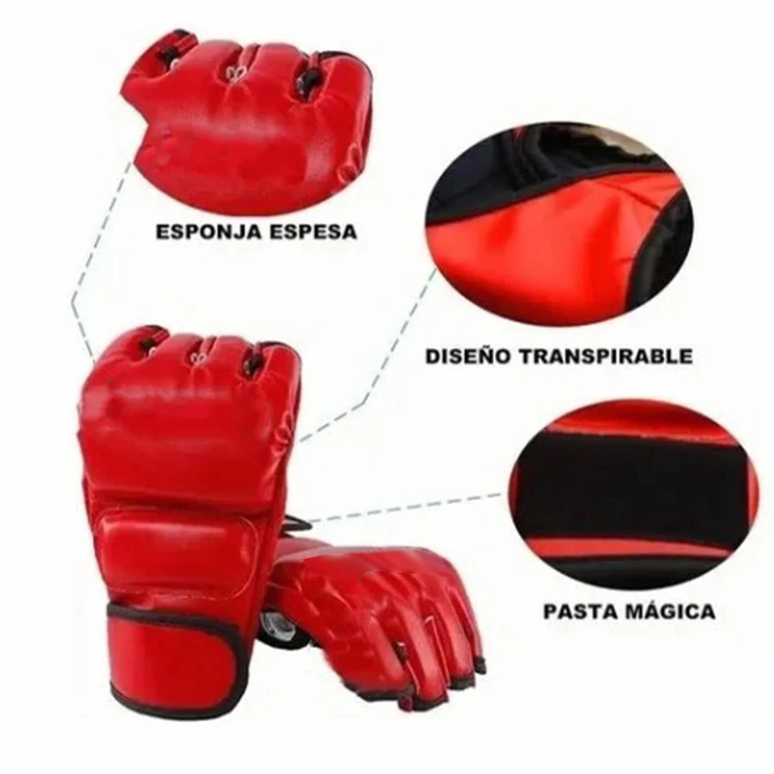 Guantes de Boxeo MMA Medio Dedo Rojos para Entrenamiento Kickboxing Adultos