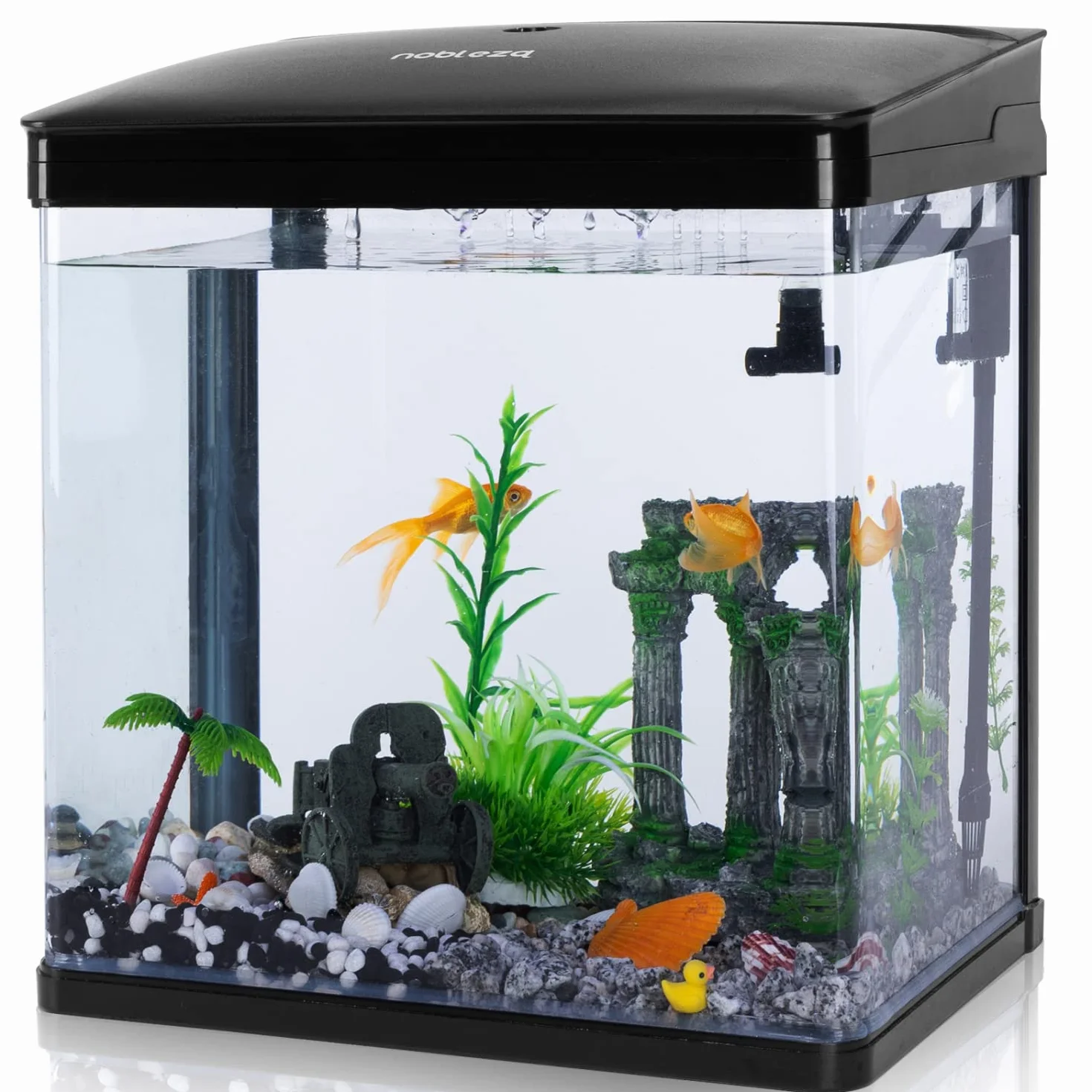 Nobleza - Acuario de Cristal 14L con Cubierta + Luces LED, Filtro Ecológico, 23x16x27.5 cm Visión Clara, Negro