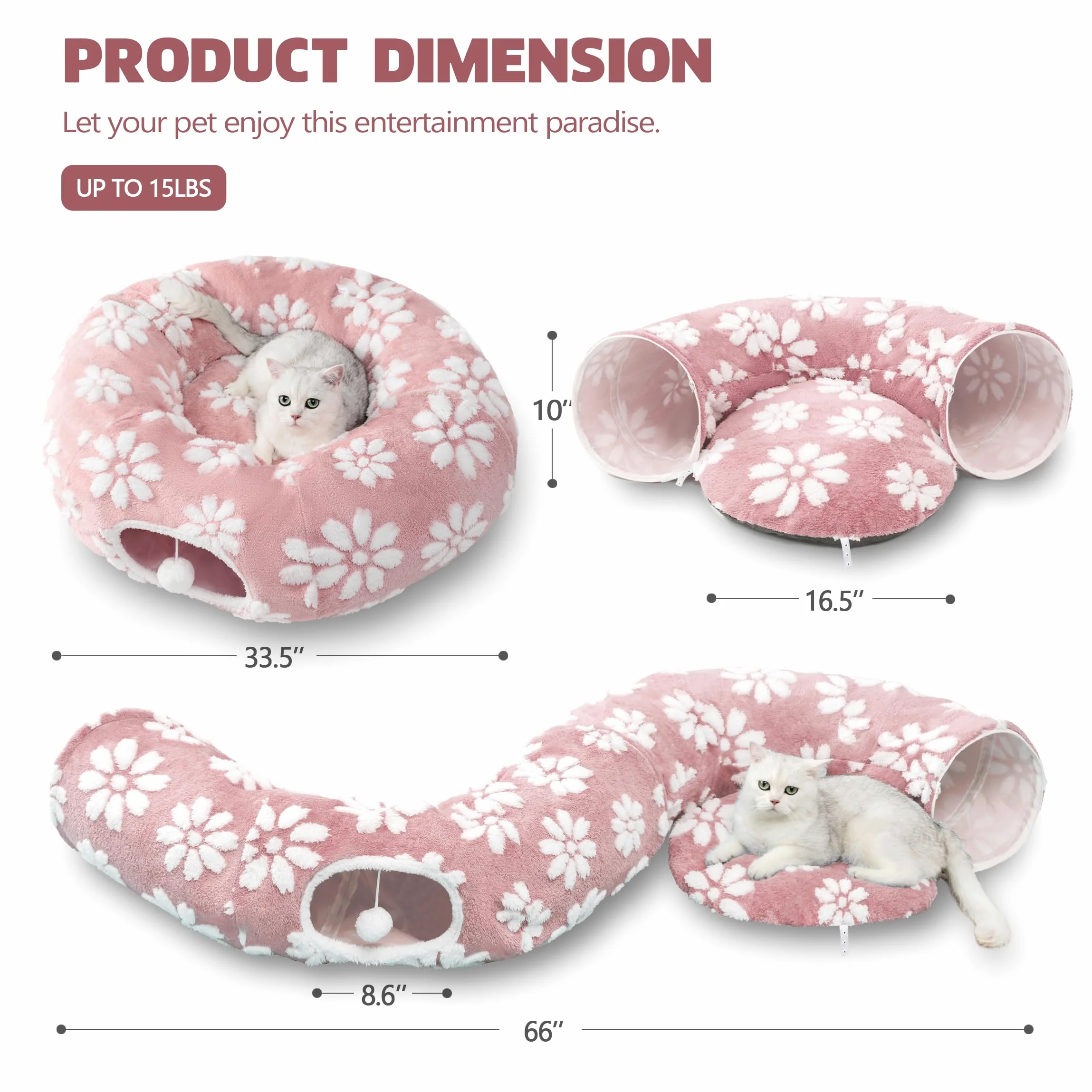 Túnel para gatos de interior, bonita cueva para gatos Peekaboo con bolas colgantes, cama de túnel de dona para mascotas con alfombrilla circular para cachorros, gatitos, conejos, flores rosas