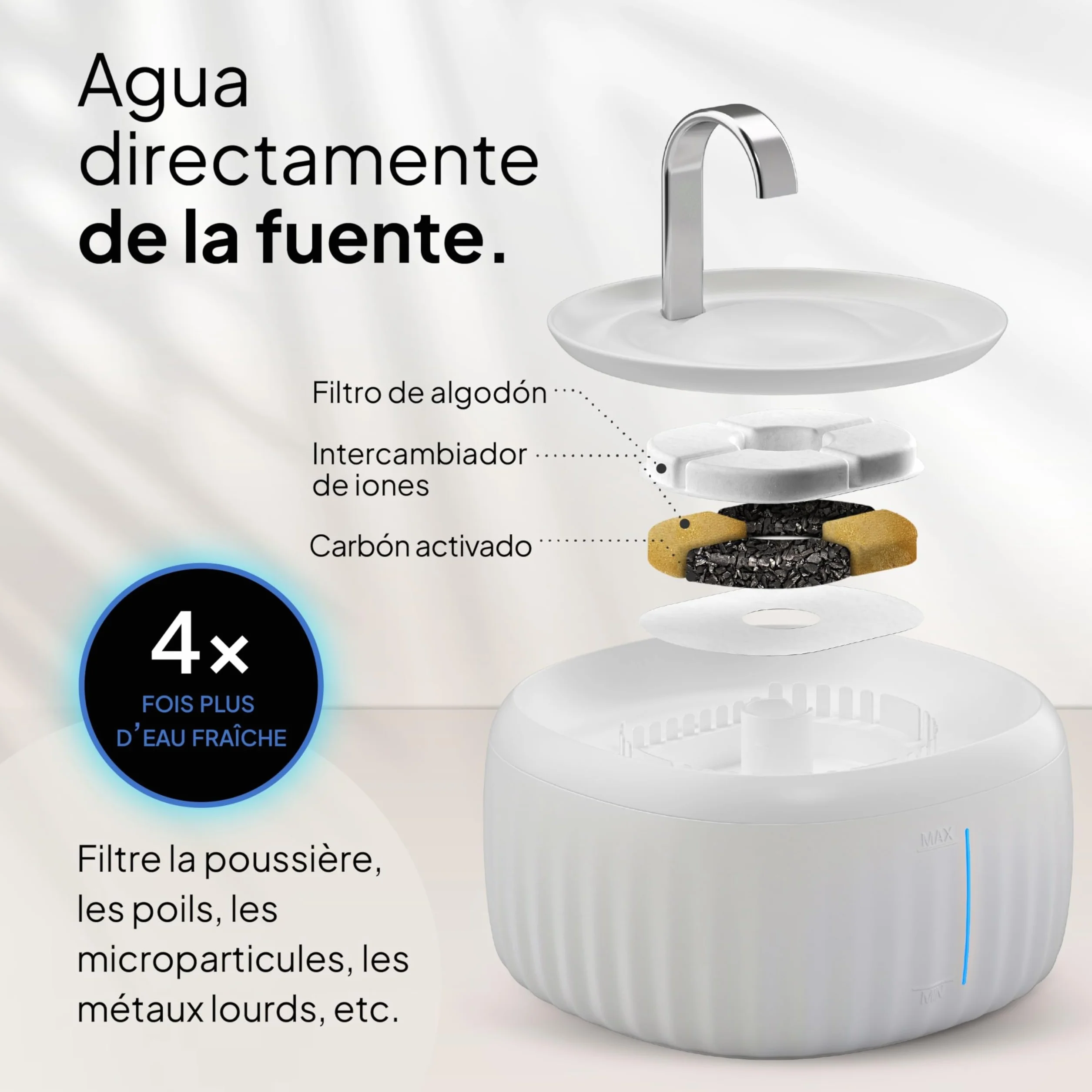 Pretty Paw Fuente de Agua para Gatos 3L con Indicador LED MIN/MAX - Funcionamiento Silencioso y Fácil Limpieza, Bebedero Automático con Filtro para Interior - Aquaflow (Blanco)