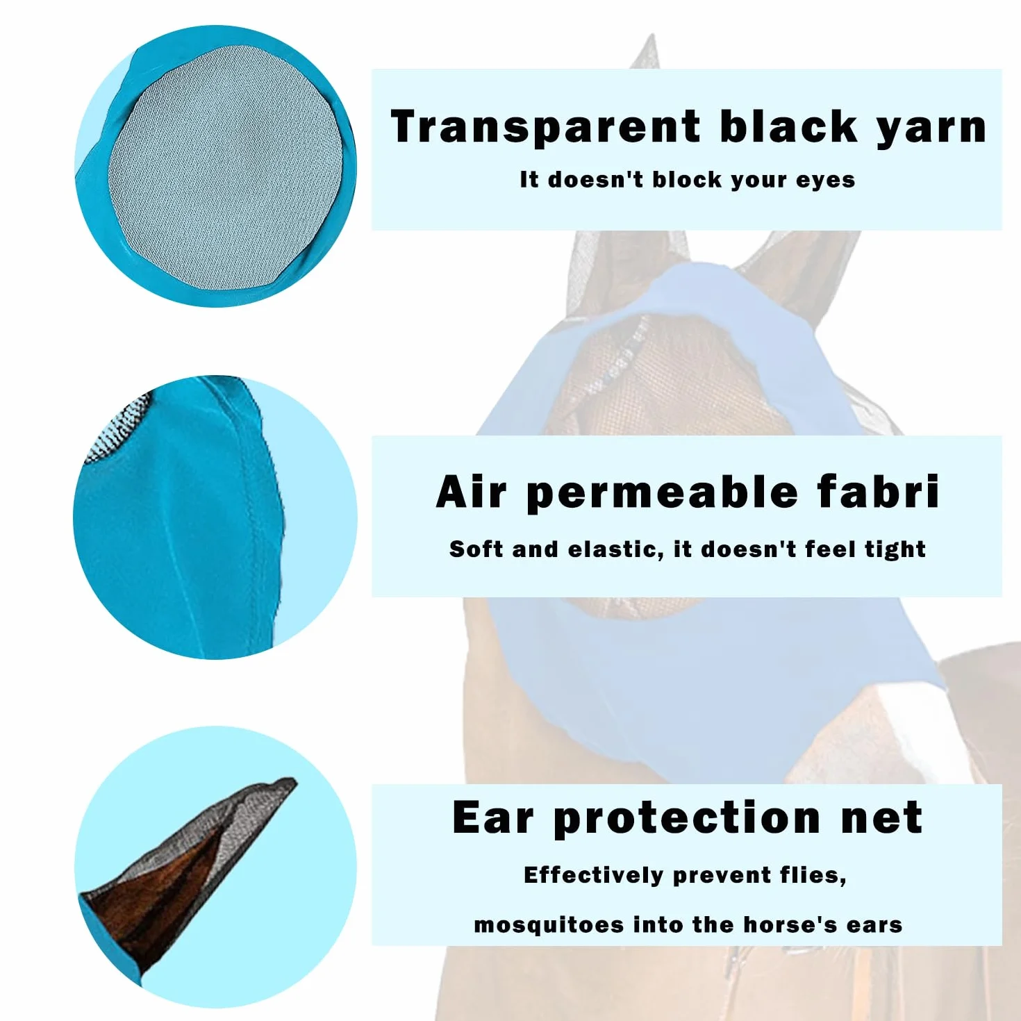 Máscara para Moscas de Caballos, Antimoscas con Cubiertas para los Oídos, Anti-UV, Reutilizable (Azul)