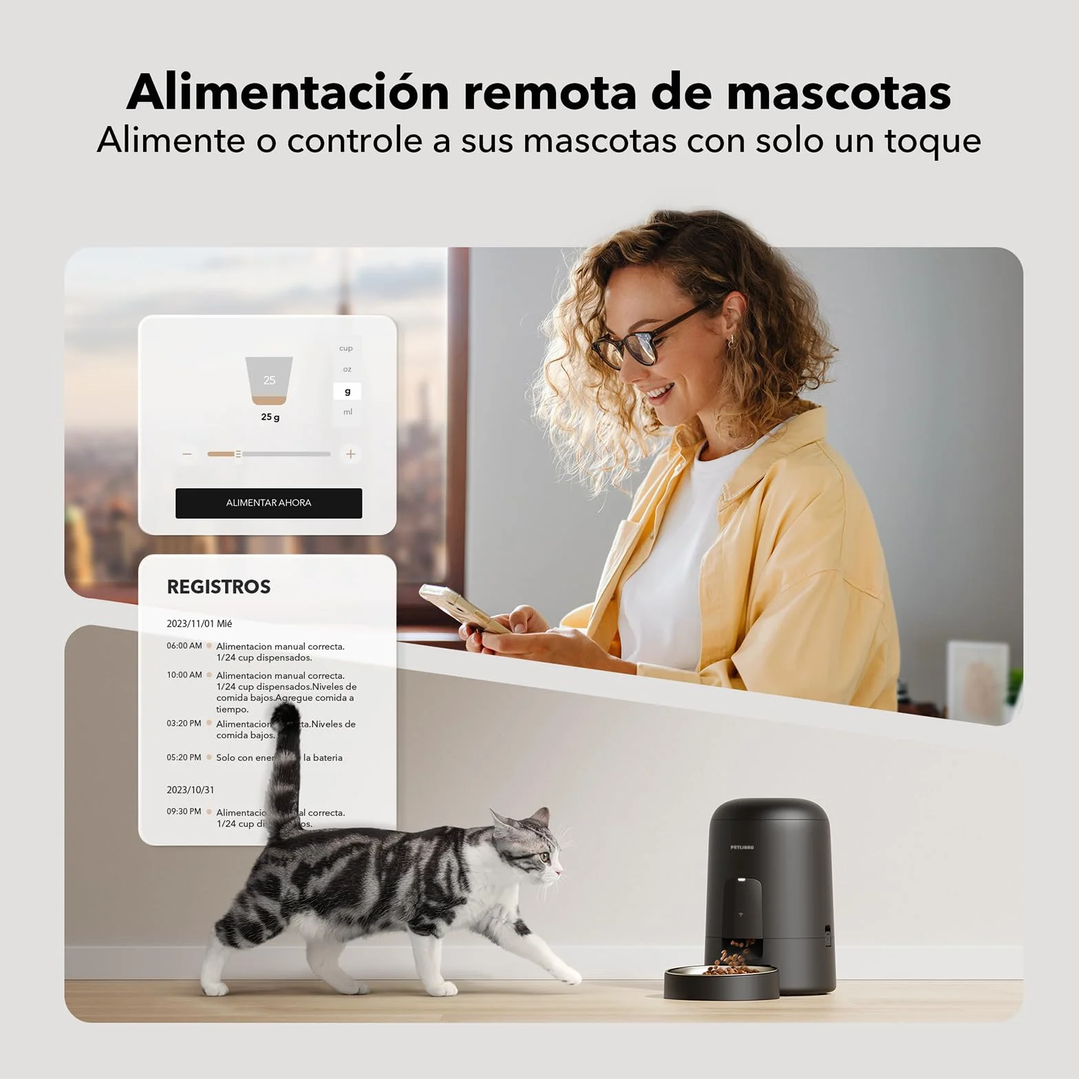 PETLIBRO Comedero Gato Automatico, 2.4G WiFi Funciona con Pilas, Dispensador Comida Seca Gatos/Perros, Control de App, 1-10 Comidas al Día, Automático Mascotas Sin Cable para Gatos, 2L, Negro