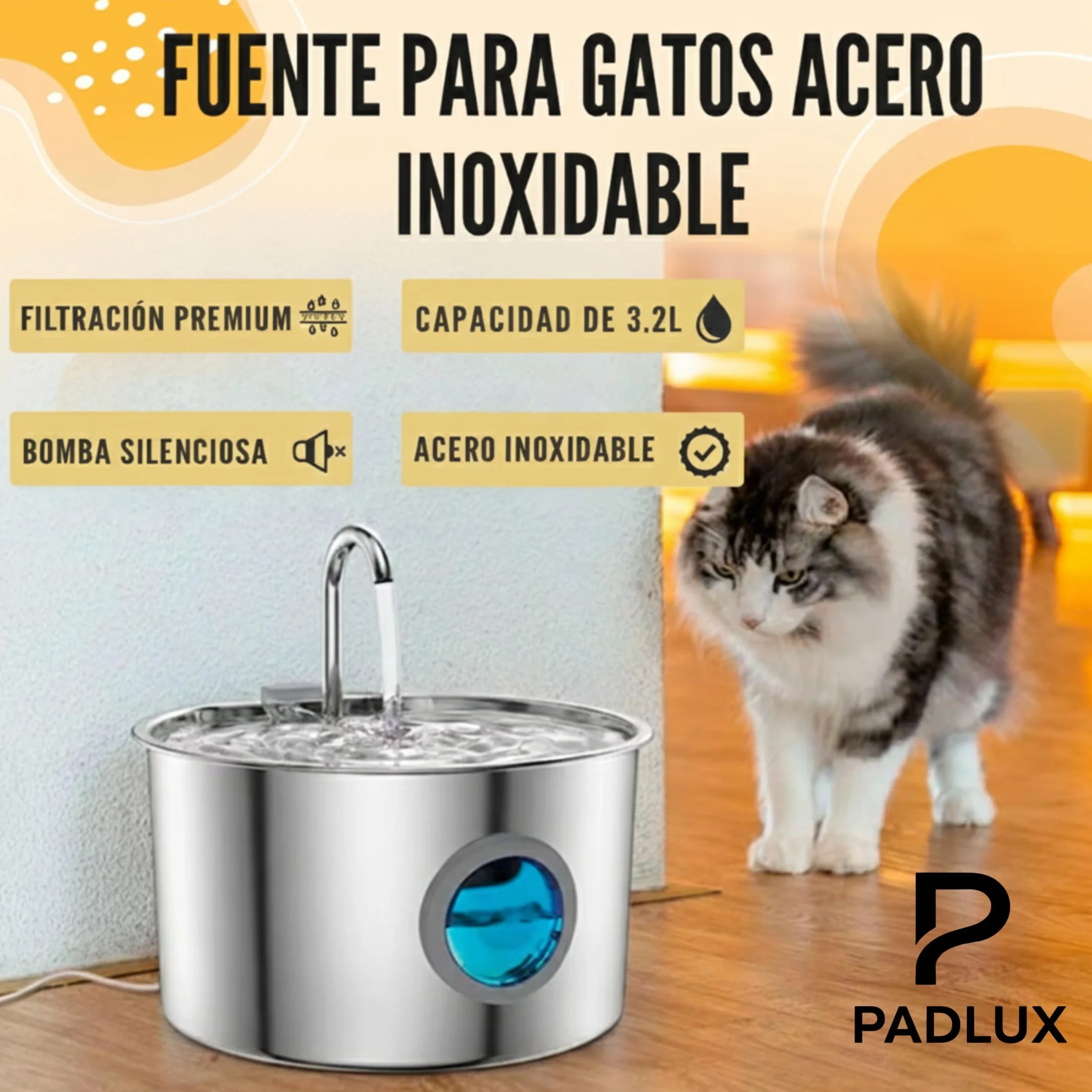 Fuente para Gatos de Acero Inoxidable 3,2L Automático – Bebedero Silencioso de Bajo Consumo con 2 Filtros y 3 Esponjas | Dispensador para Mascotas | Fuente de Agua para Gatos Premium
