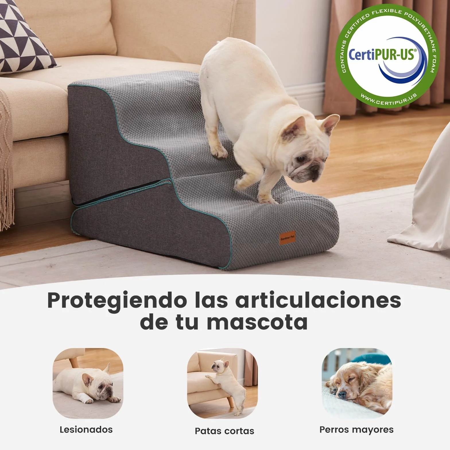 Gardner Pet Escaleras para Perros 2 en 1, Altura 42cm, con Tres Peldaños de Espuma de Alta Densidad y Diseño Antideslizante para Facilitar el Acceso a Sofás y Camas - Gris