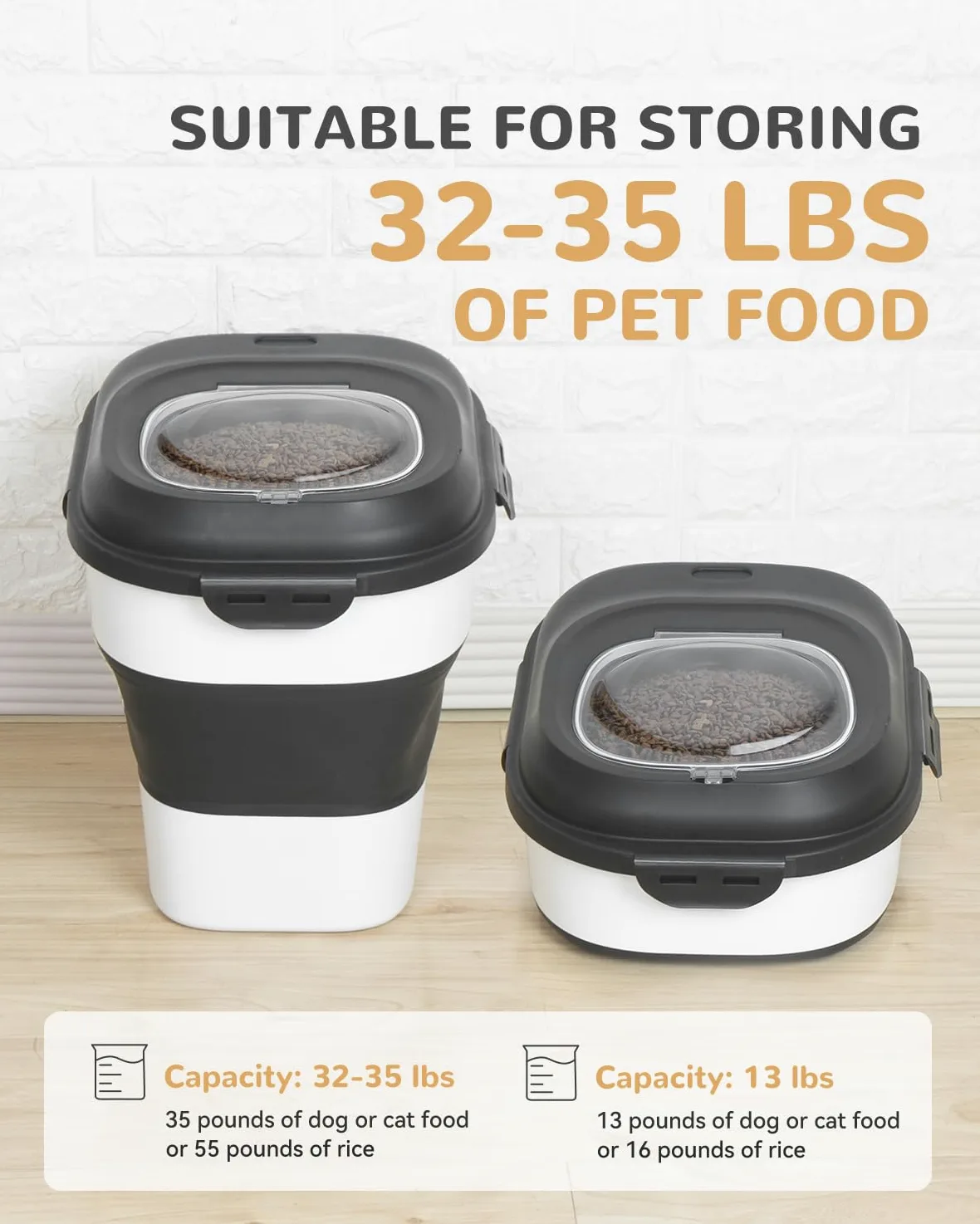 Contenedor plegable de almacenamiento de alimentos para perros de 30 a 35 libras con tapas herméticas, ruedas, cuchara y 2 recipientes de almacenamiento de alimentos, almacenamiento grande de