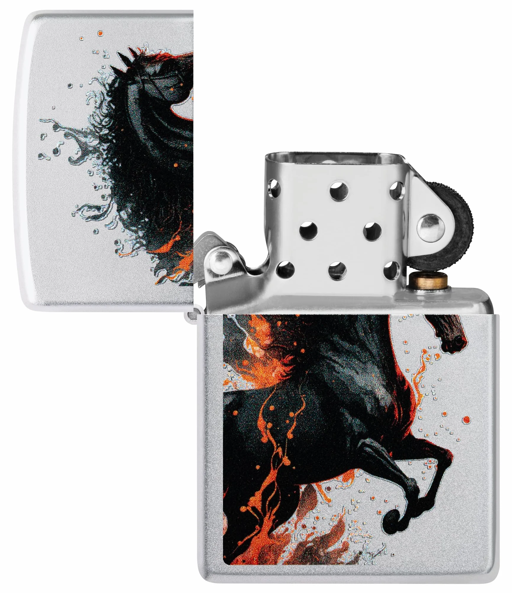 Zippo Fire Horse Windproof Lighter Satin Chrome Color Image Rechargeable Reusable Gift Box Made in USA