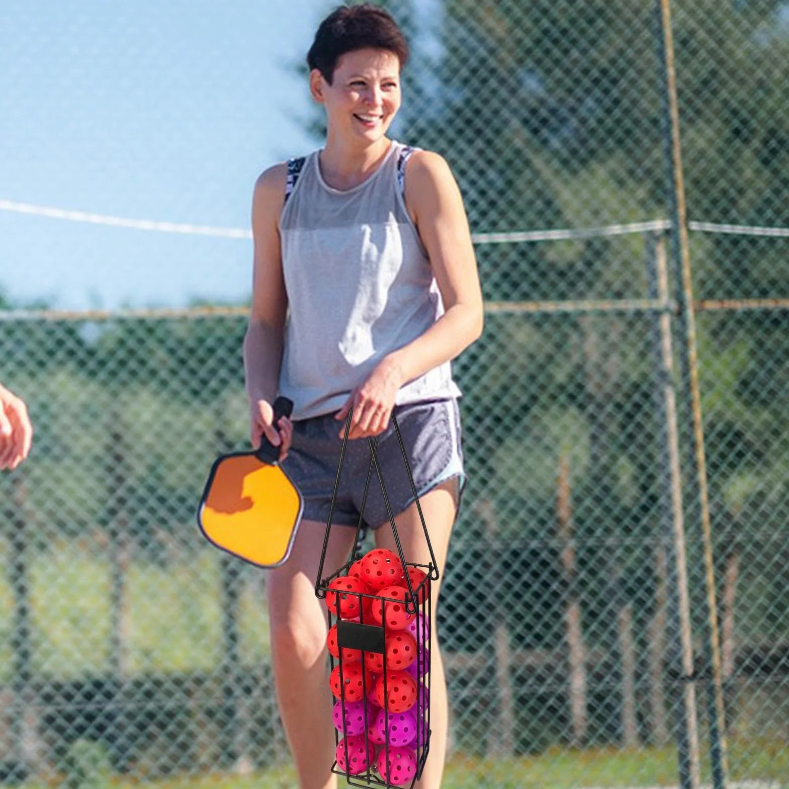 Cesta recogedora de pelotas de tenis de acero inoxidable con mango