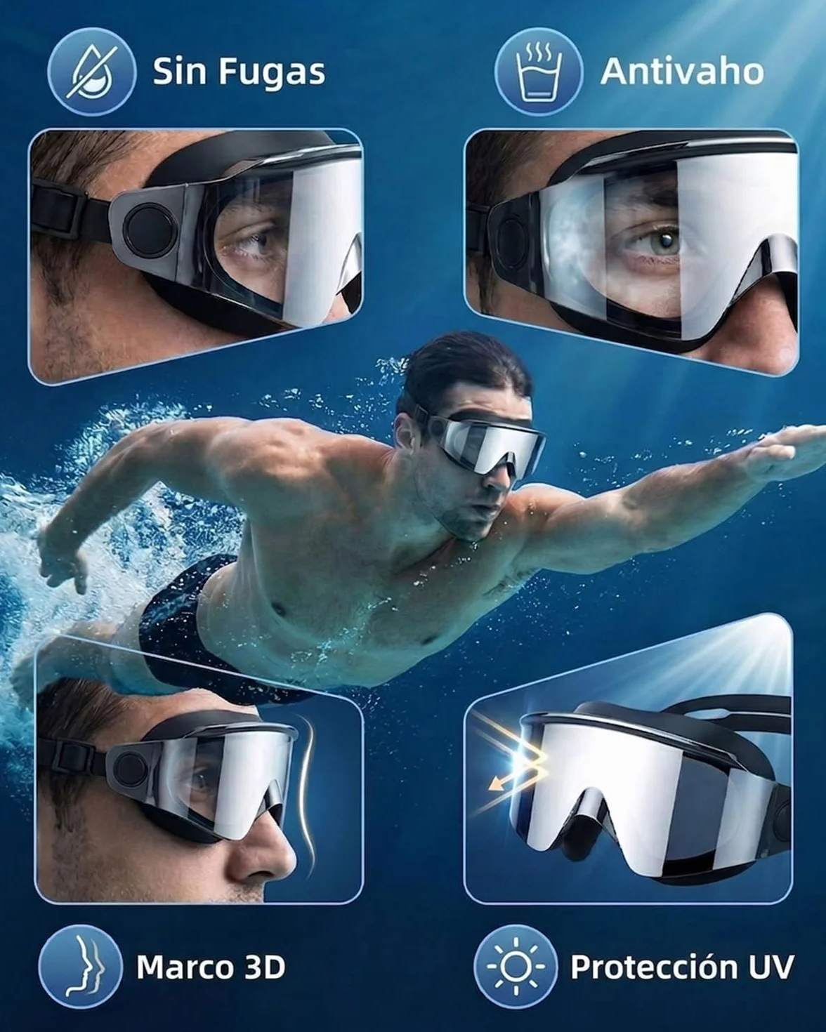 Gafas de Natación Sin Marco, Protección UV y Antivaho