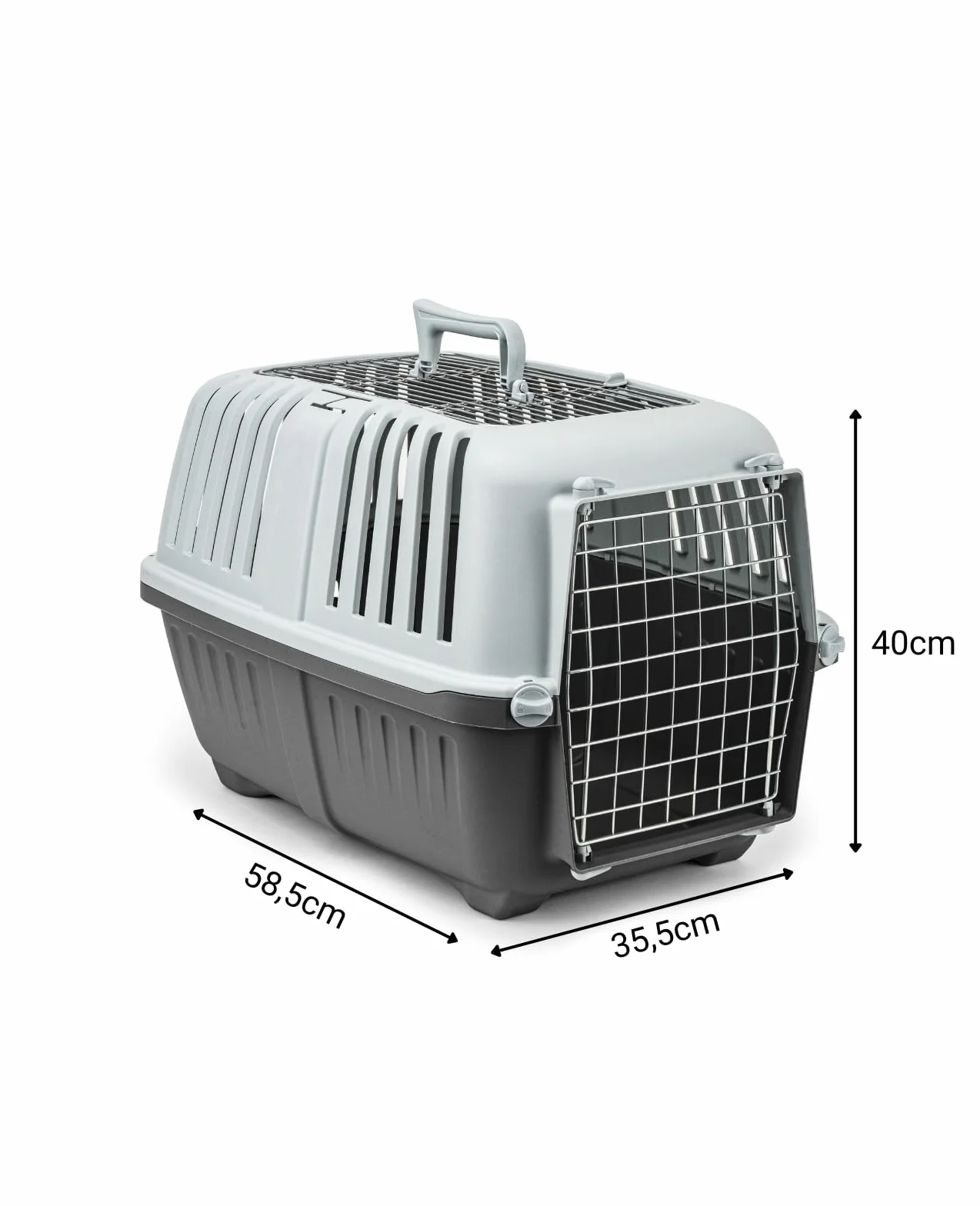 lionto Caja de Transporte 58,5x35,5x40 cm, plástico con Rejilla metálica, con asa y Cierre, para Perros, Gatos y Animales pequeños de hasta 15 kg, Gris