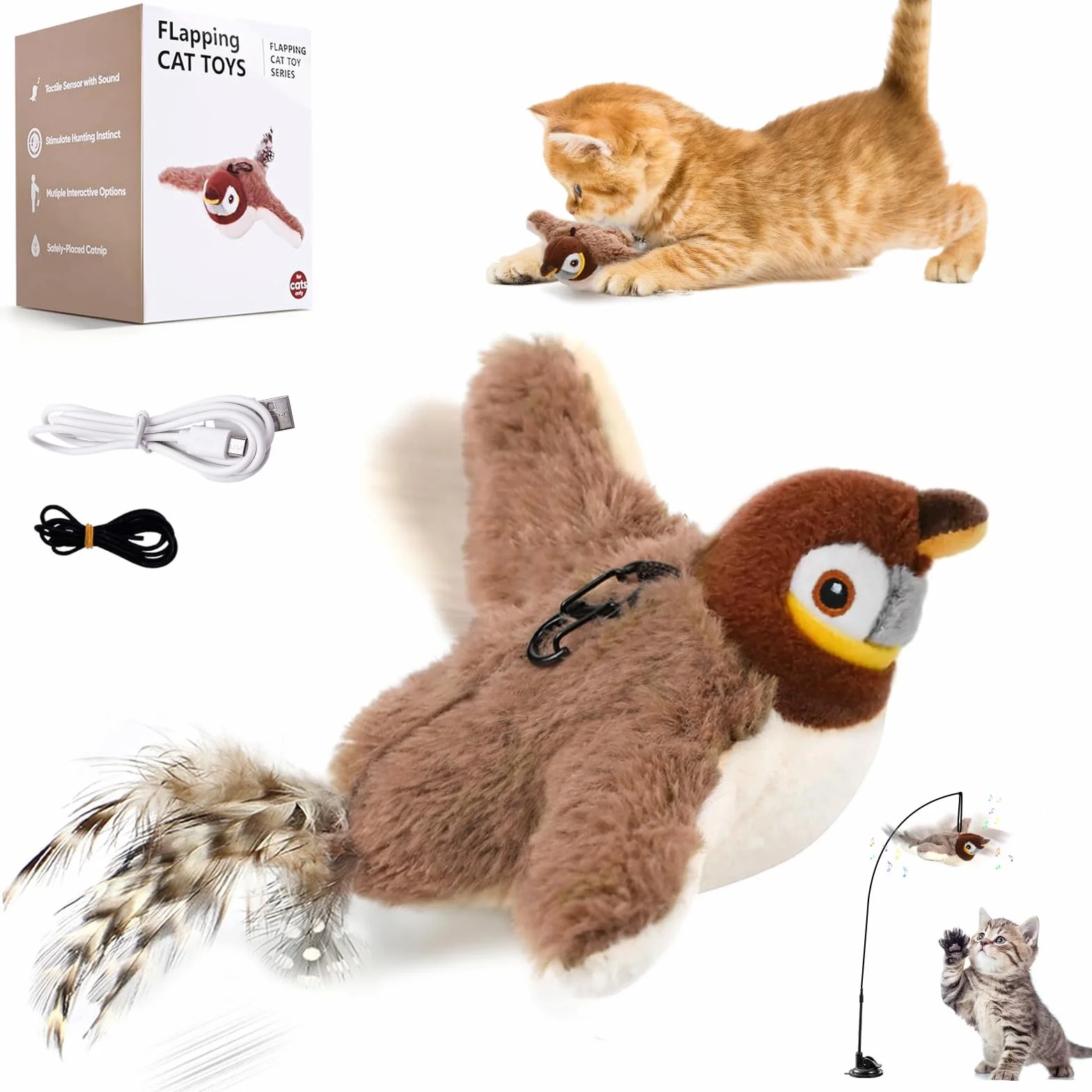 Pajaro Volador Juguete para Gatos, Juguete de Gato de Pájaro Volador Recargable Juegos para Gatos Interactivos Juguetes Realista Pajaro Voladors para Gato Interior Perseguir Morder (No Volar)