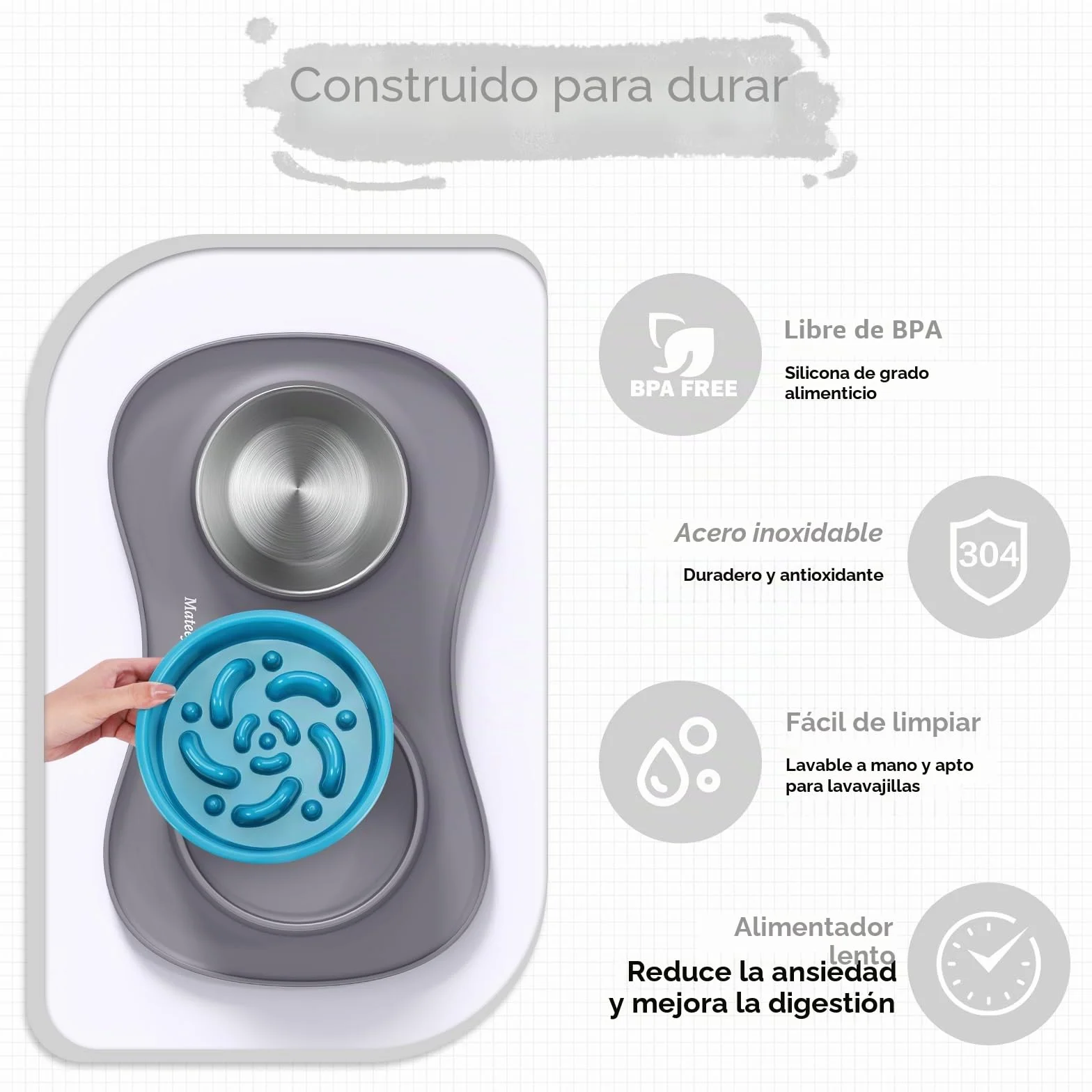 MateeyLife Juego de Boles para Perro 3 en 1, Comedero Antivoracidad Perro y Bebedero de Acero Inoxidable con Alfombrilla Antideslizante de Silicona, Cuencos para Perros de Todas Las Razas 43.7×25.9 cm