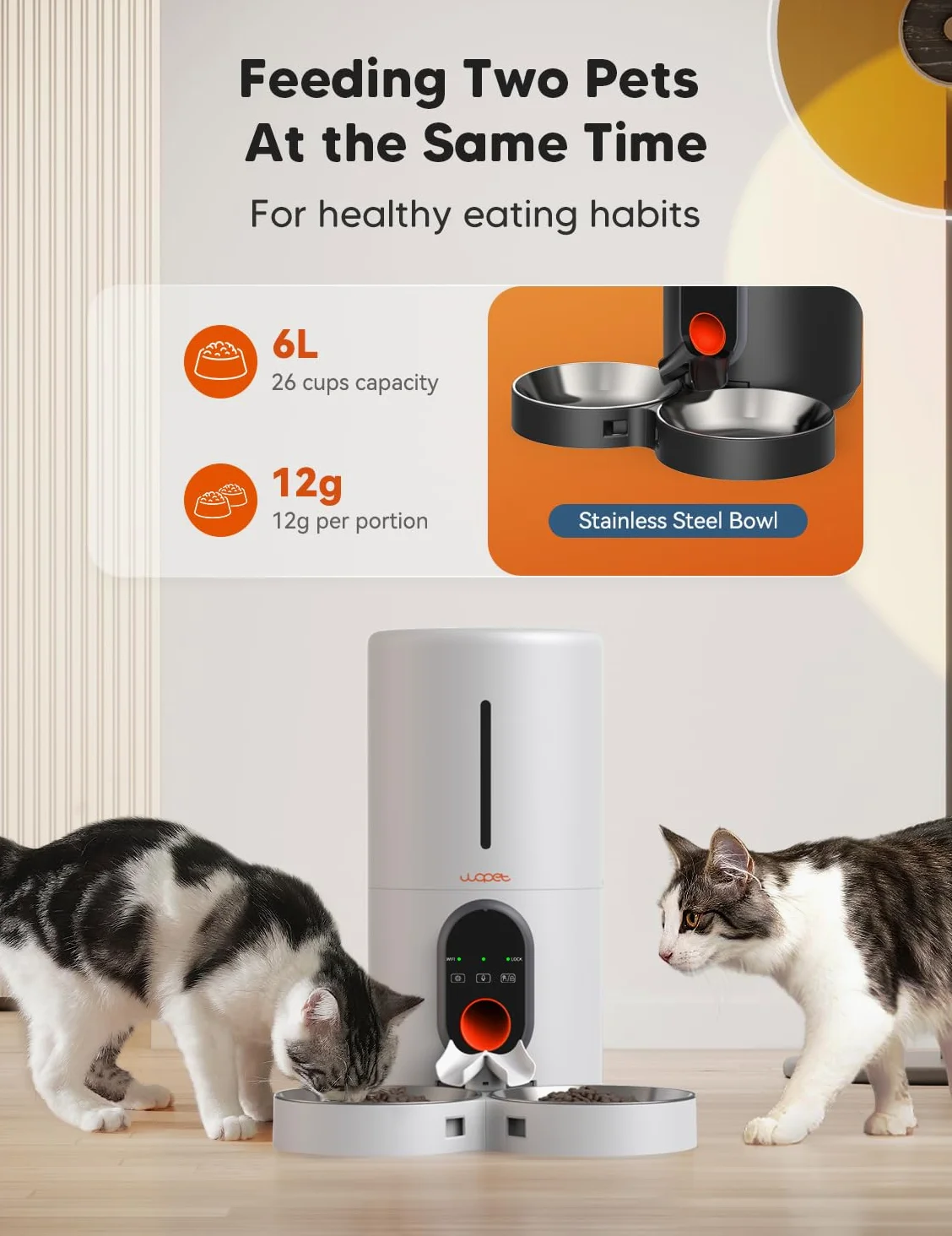 WOPET Comedero automático para gatos y perros, alimentador de mascotas WiFi 5G con control remoto, dispensador de comida para gatos de 6 litros con sensor de alimentos bajos, 1-10 comidas al día