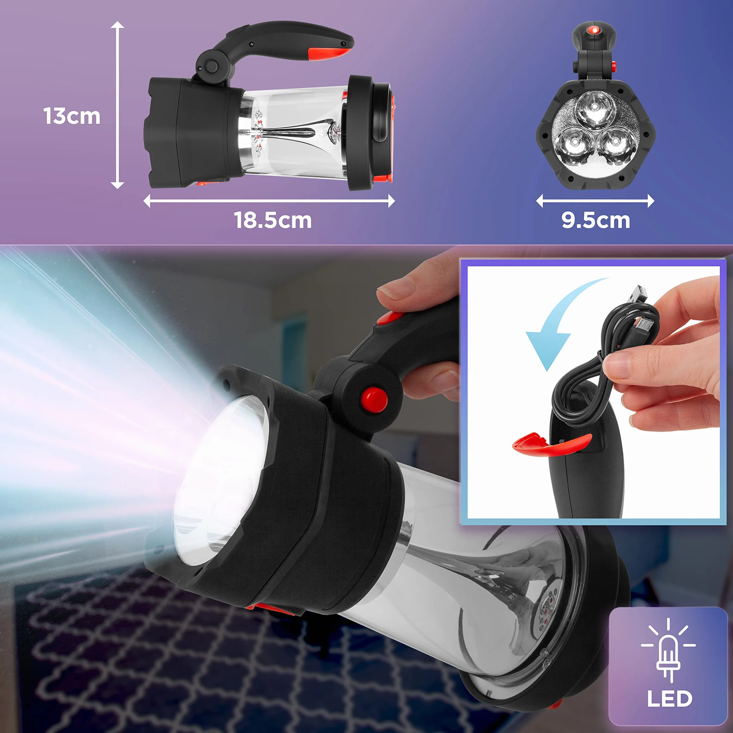 Duronic Hurricane Linterna con dinamo y USB 10 LED señal de emergencia rojo intermitente para camping
