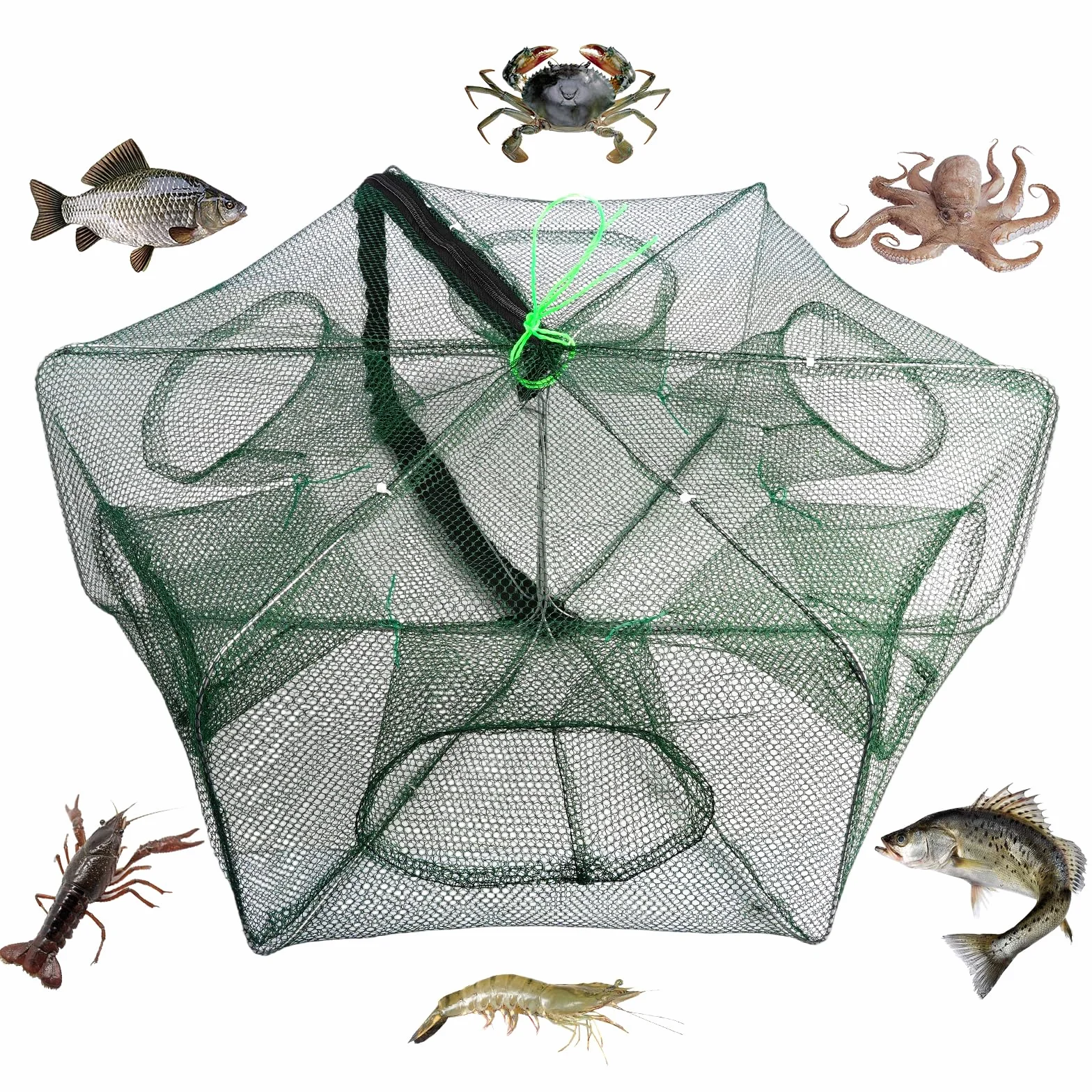 Trampa de Pescado 58×22cm Nailon Red Plegable Portátil 6 Agujeros para Anguilas Cangrejos Camarones