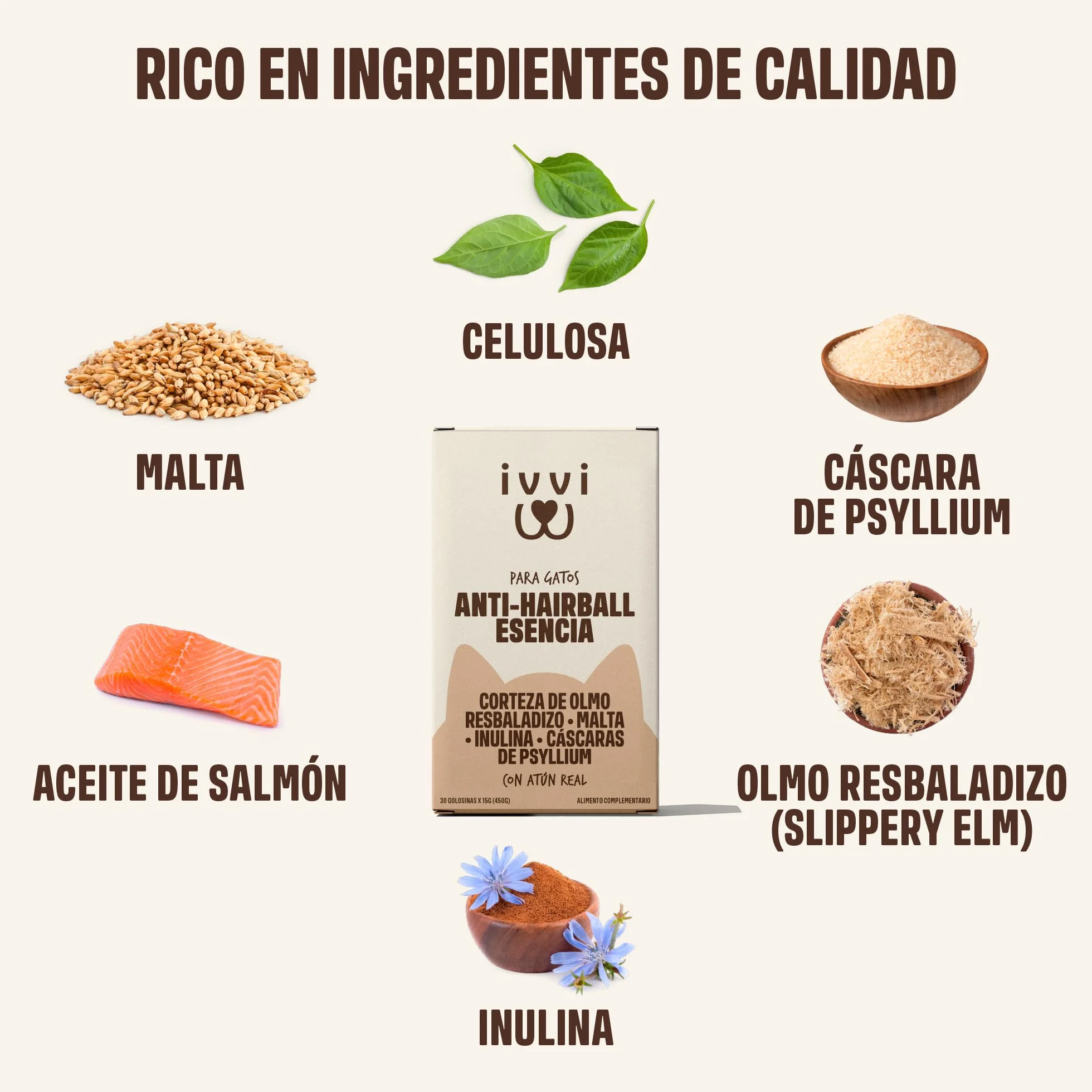 ivvi Anti Bolas de Pelo para Gatos – Anti-Hairball Esencia Crema Funcional con Malta, Olmo Rojo, inulina y psyllium – Ayuda a Eliminar Bolas de Pelo – 30x15g – con atún Real