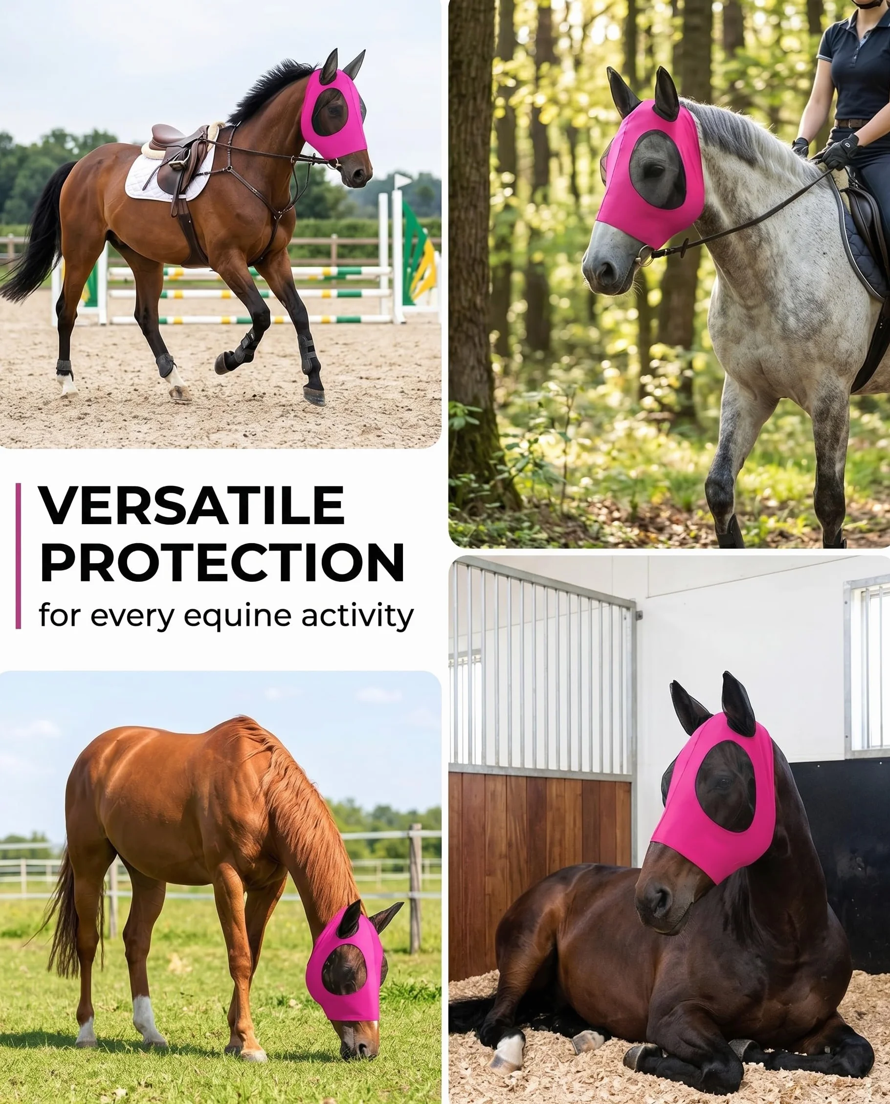 Máscara Anti-Moscas para Caballos Rosa Fucsia Protección UV con Orejeras Elásticas Transpirable