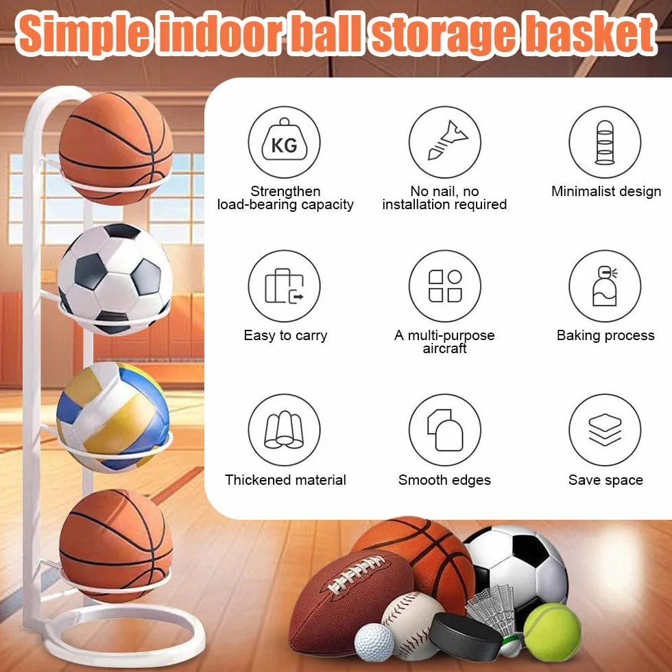 Soporte vertical para balones de metal, estante de 4 niveles para voleibol, baloncesto, fútbol (blanco)