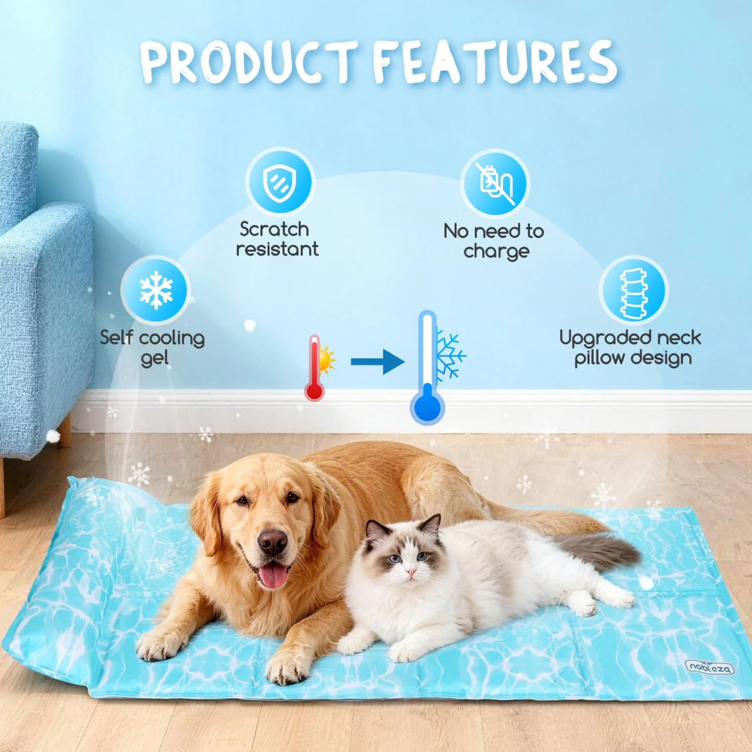 Nobleza Manta Cama Refrescante para Perros y Gatos, Alfombra Refrescante Perro Diseño con 6cm Almohada Cervical Añadida, Gel No Tóxico y Auto-Refrescante, Tela Oxford 300D Resistente, 102x50cm